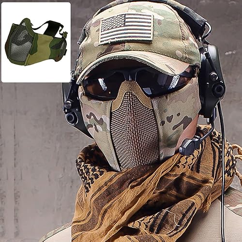 Miniatura 4 de AOUTACC Máscara plegable de malla Airsoft, máscara táctica militar de nailon de media cara con protección para las orejas, protección inferior