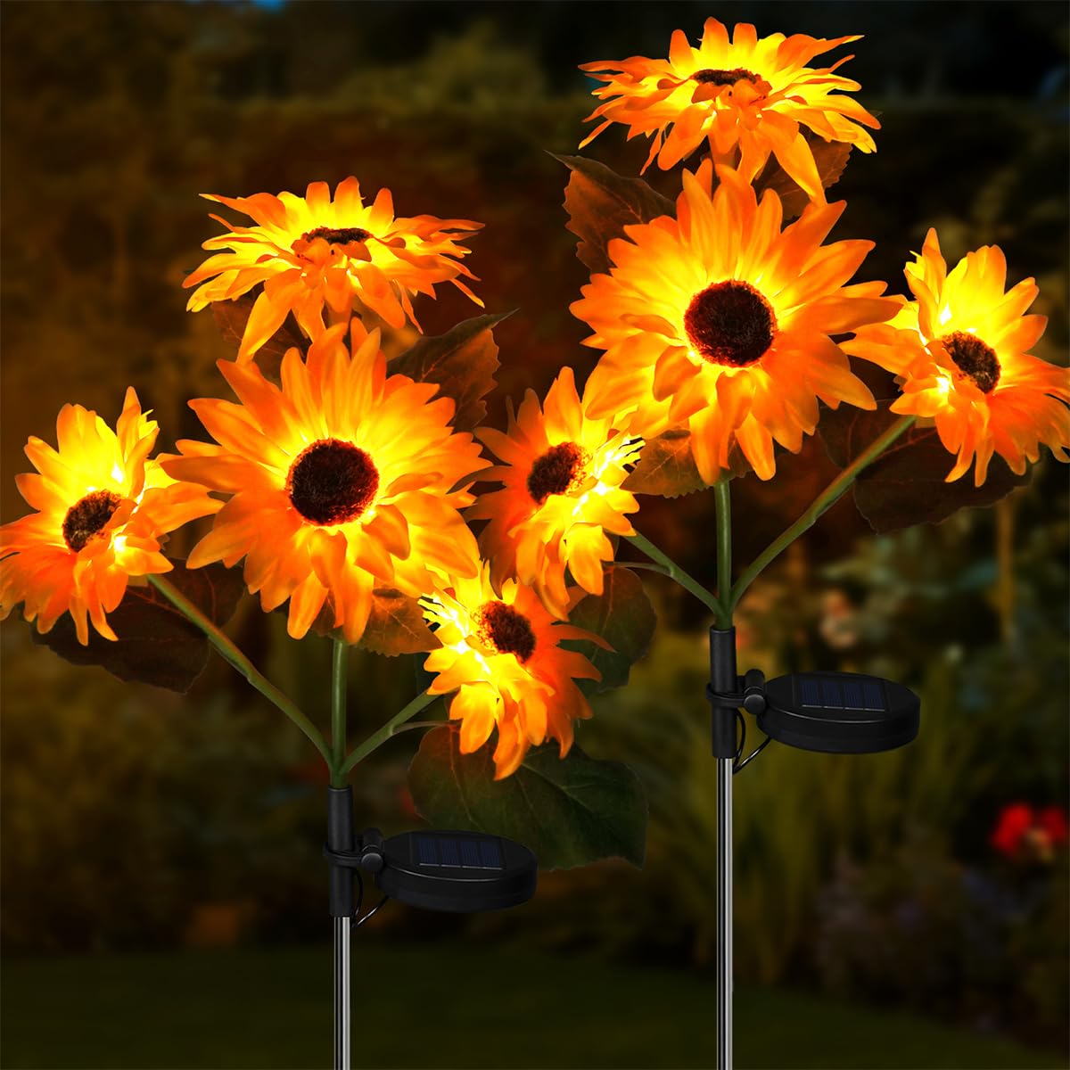 Aolyty 4 Heads Led Solar Sunflower Lights, 2Packs Waterproof Garden Lights, Sunflower Stake Lamp, Outdoor Artificial Ornaments Decoration Light For Pathway Party Wedding (4 Heads)