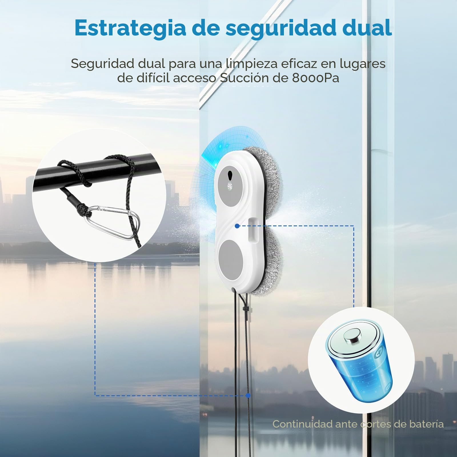 Robot Limpiacristales, 8000Pa Robot Limpia Cristales Ventanas avec Sistema de Pulverización Bidireccional, Navegación Inteligente y Seguridad Anticaídas, Mando, para Todas Las Superficies Lisas