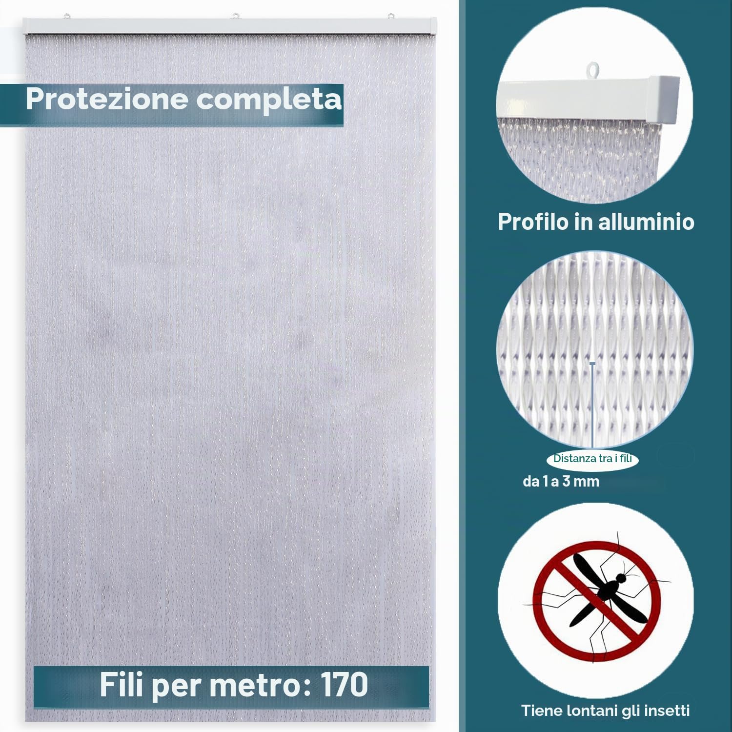 Tenda/Moschiera PVC –Modello Roma - ASTA IN ALLUMINIO - Made in Italy - Misure Standard (95X200 / 100X220 / 120X230 / 130X240 / 150X250) - (150X250, Trasparente (2))