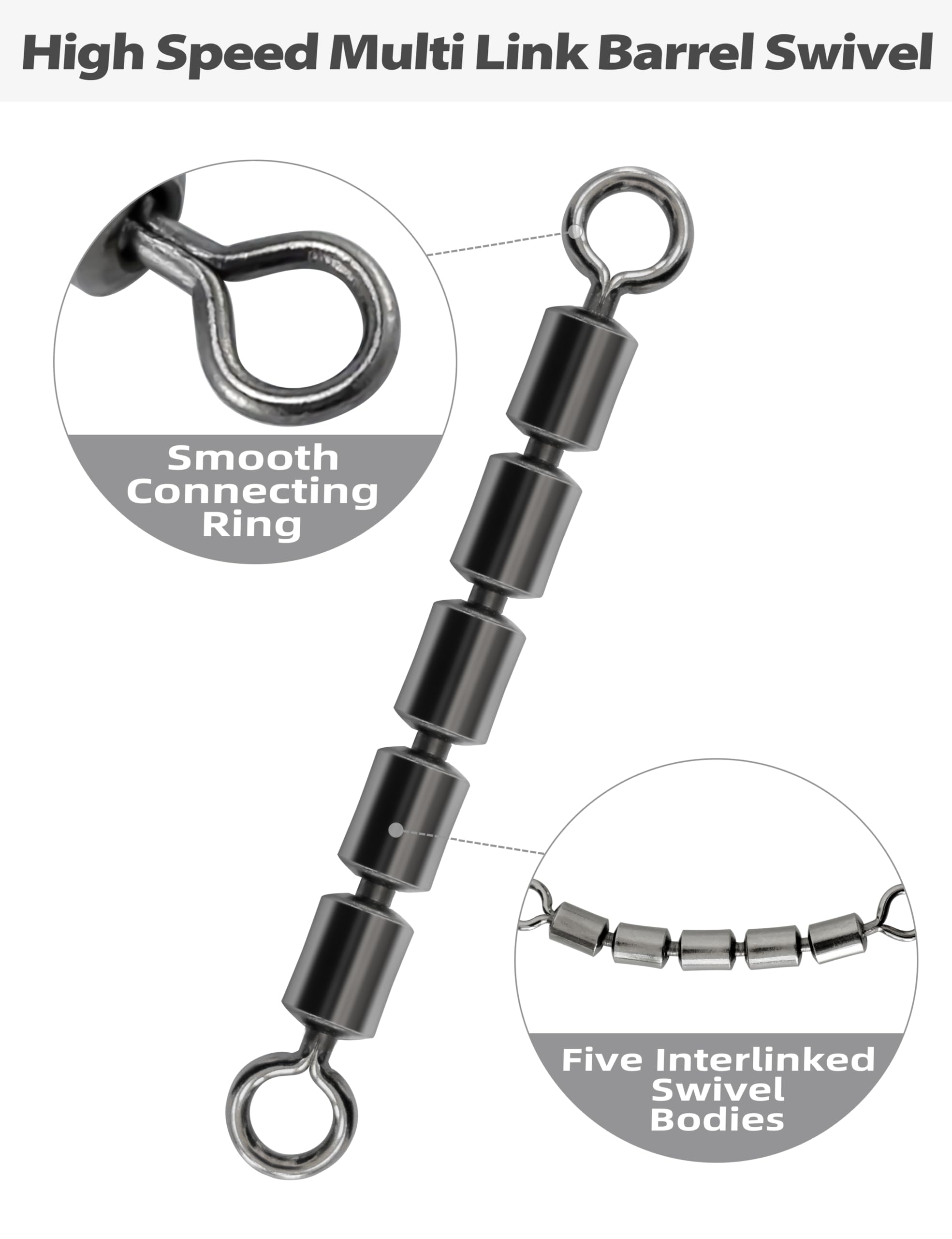 BLUEWING Fishing Barrel Swivels 126lbs High Speed Multi Link 5 Roller Chain Leader Lure Connectors Saltwater Freshwater Tackle, 10pcs