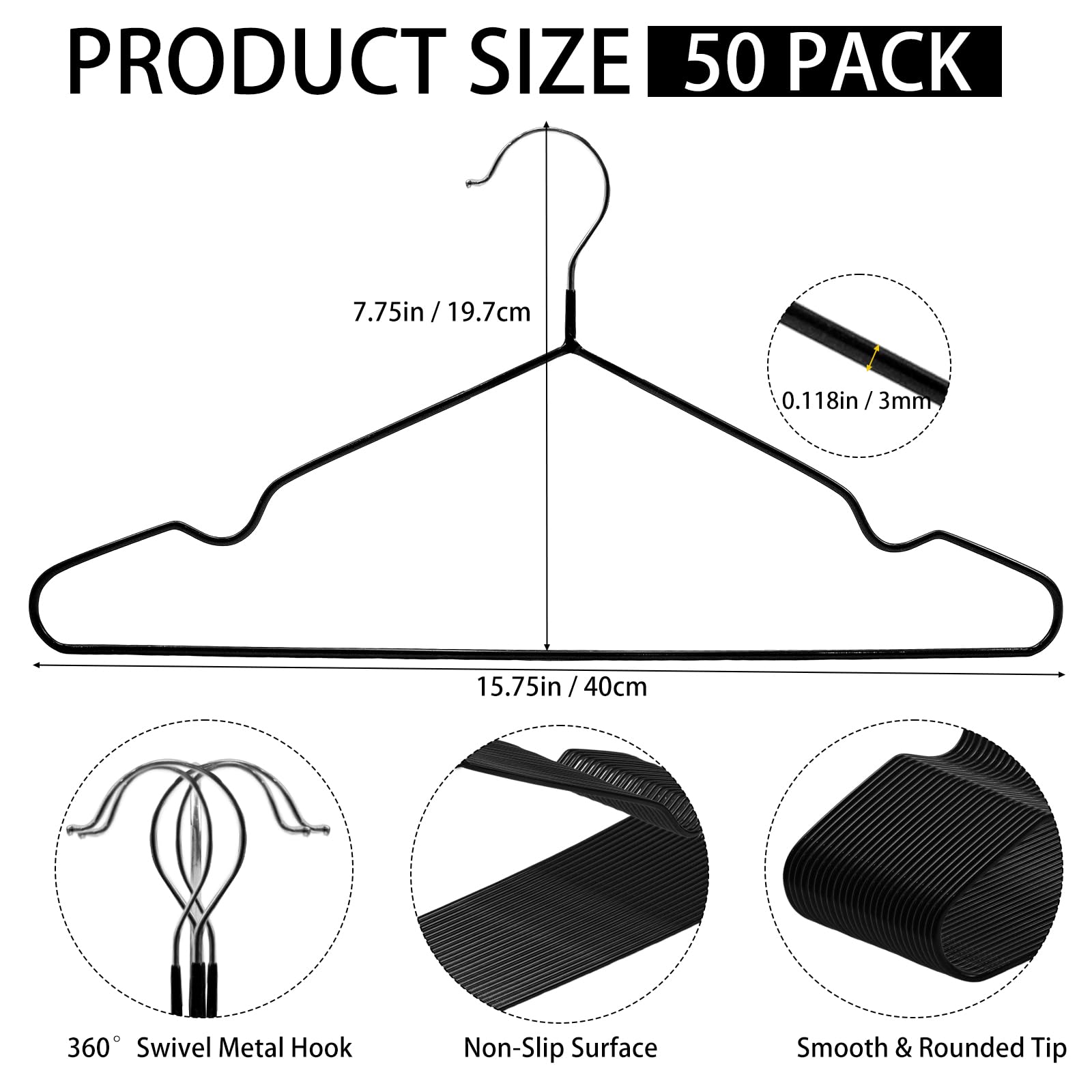 Lot de 50 cintres antidérapants en métal de 38,1 cm, cintres revêtus de caoutchouc avec encoches rondes, cintres robustes et peu encombrants pour pantalons, robes, chemises, caraco noir