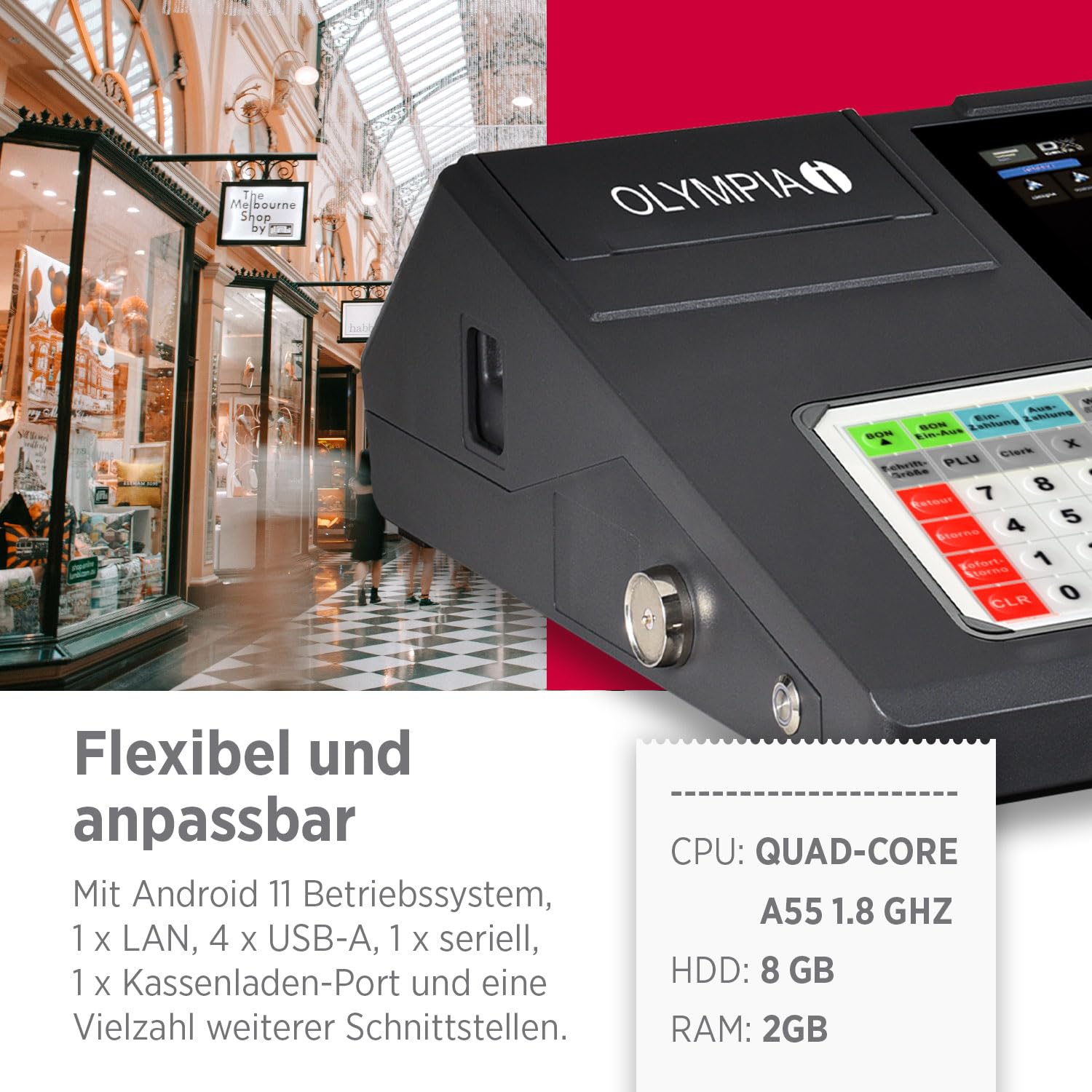 Olympia K200 Plus Registrierkasse 7-Zoll Touchdisplay LED Kundenanzeige 80mm Thermodrucker Flachtastatur 84 Tasten grafisches Bonlogo