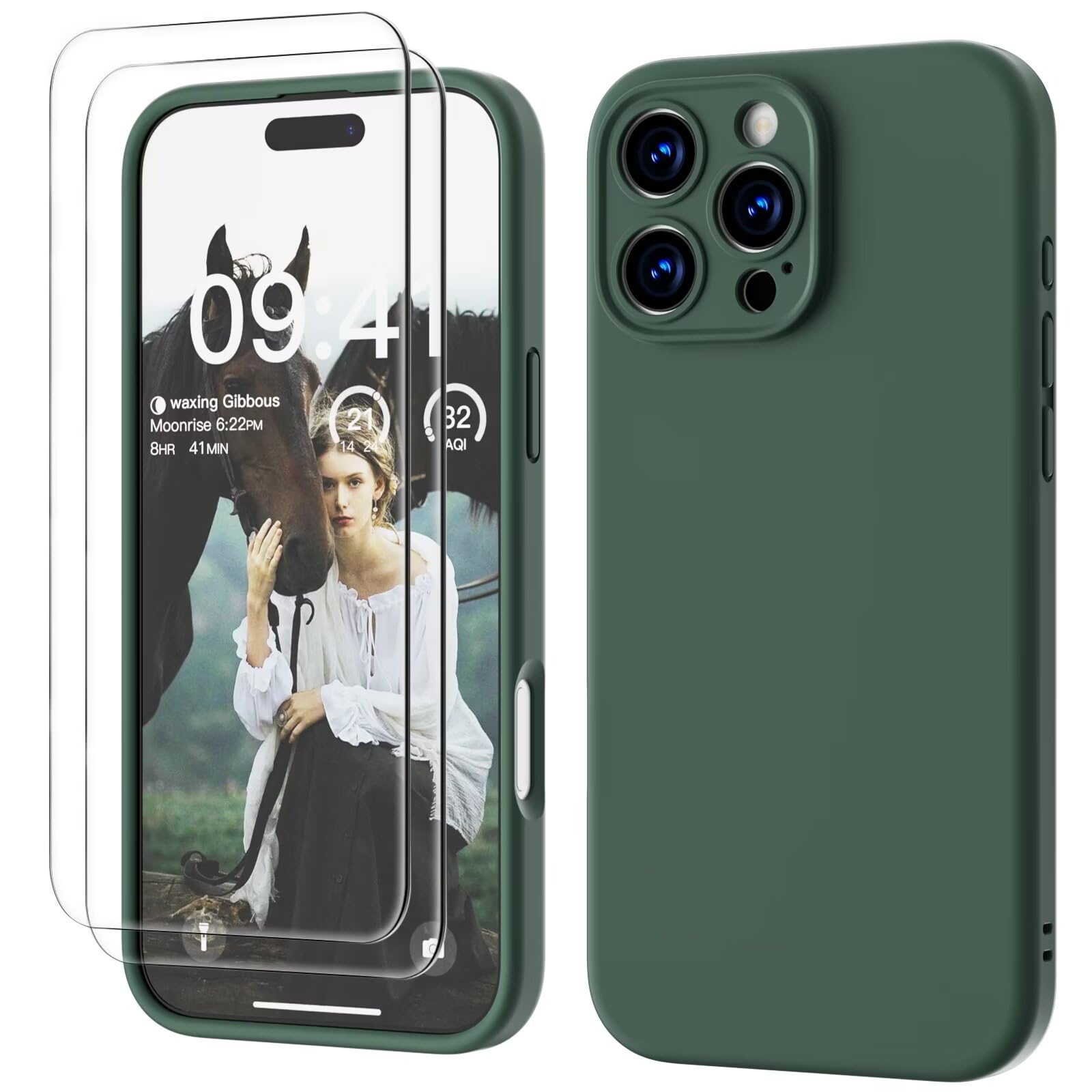 GOODVISH 3 in 1 Silicone Cover per iPhone 16 Pro Max 6.9", Custodia con 2 Pellicola Vetro Temperato [Protezione Fotocamera] Protezione Anticaduta Case per Cellulare Antiurto Resistente, Verde Pino