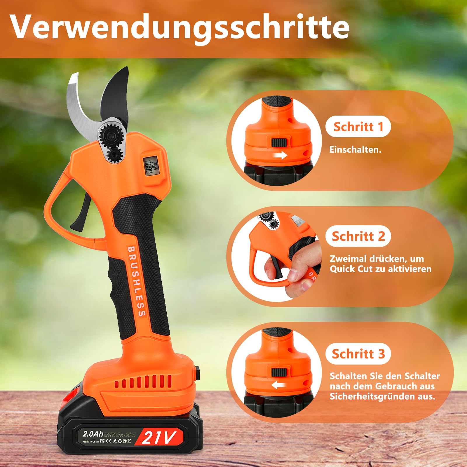 Akku Astschere mit LCD Anzeige, Schnurlose Elektrische Gartenschere mit 2 x 2000mAh Batterien und Max 40 mm SK5 Klingen, Tragbare Professionelle Elektrogartenscheren zum Baumschneiden