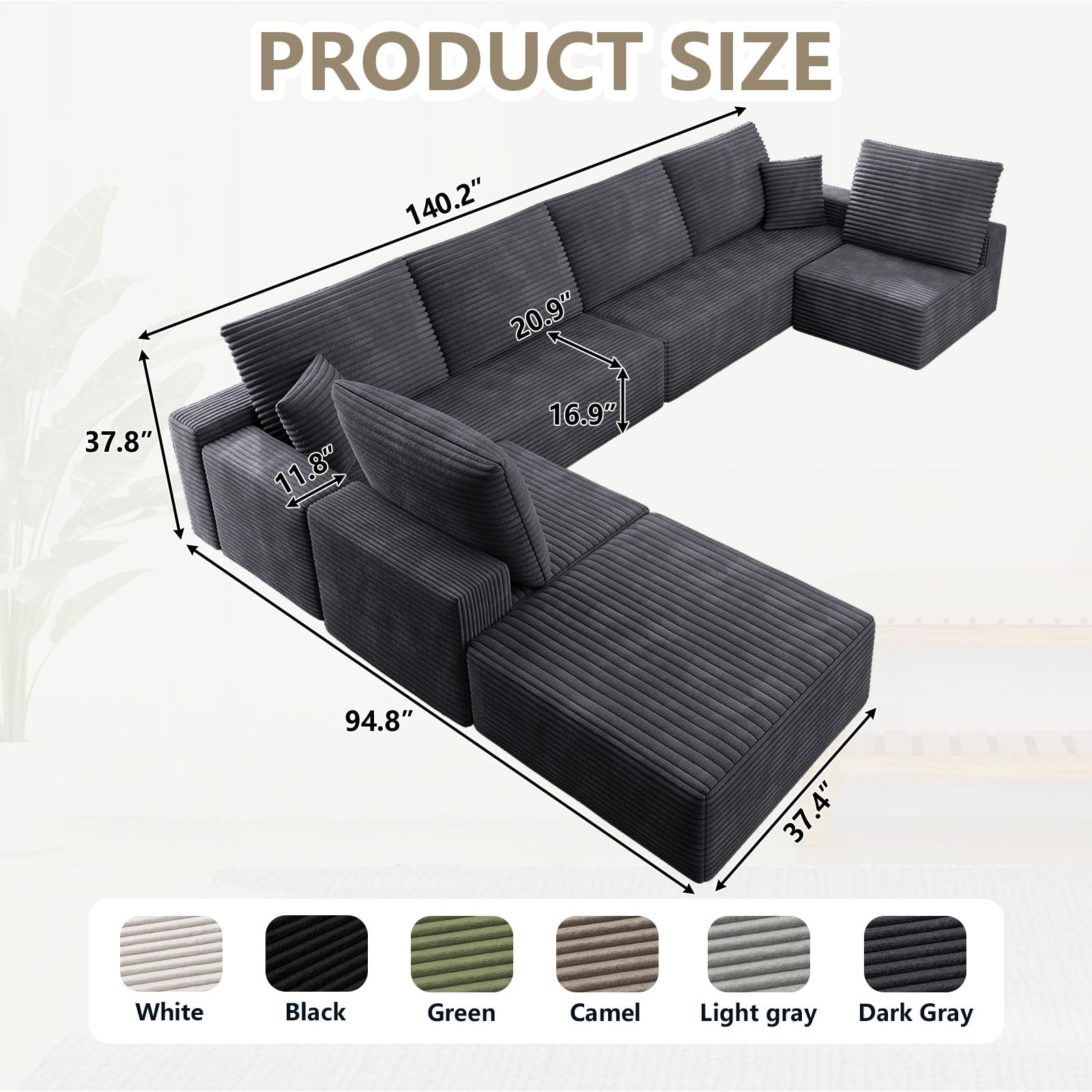 140.2 Cloud Sectional Couches for Living Room, Oversized Sectional Sofa with Ottoman, Modern Upholstered Deep Seat 7 Seater Large Boneless Couches for Apartment, Studio, Office, Dark Grey