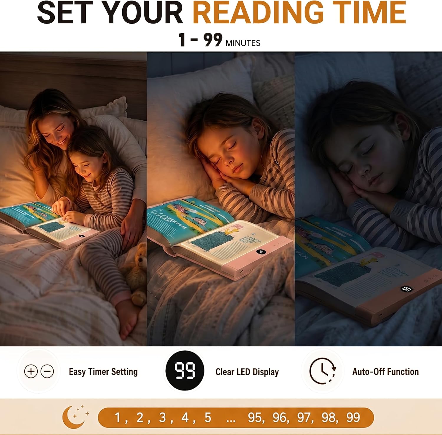 LED Book Light for Reading in Bed at Night, Rechargeable Book Page Light with 3 Color Temperatures, Stepless Dimming, 1-99 Min Timer, Portable Bookmark Light, Night Light for Book Lovers (1, White)