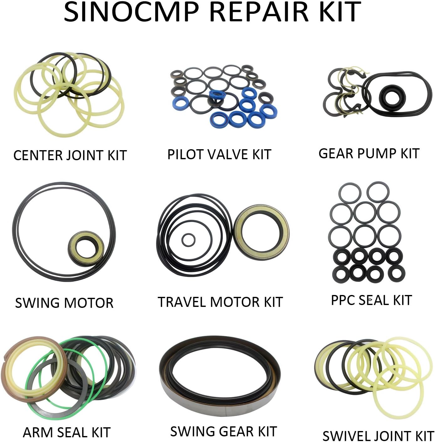 Diagram of an excavator highlighting the positions of various seal kits, including the center joint