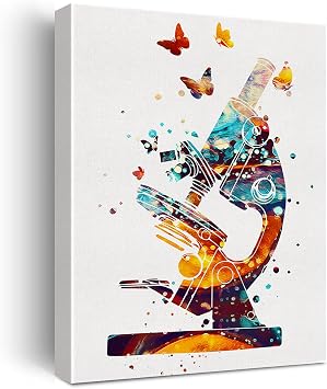 Hijie Microscope Art Watercolor Poster Canvas Wall Art for Home/Office/Lab Decor - Science Canvas Print Wall Art Painting Ready to Hang Microbiologist Gifts - Easel & Hanging Hook 12x15 Inch