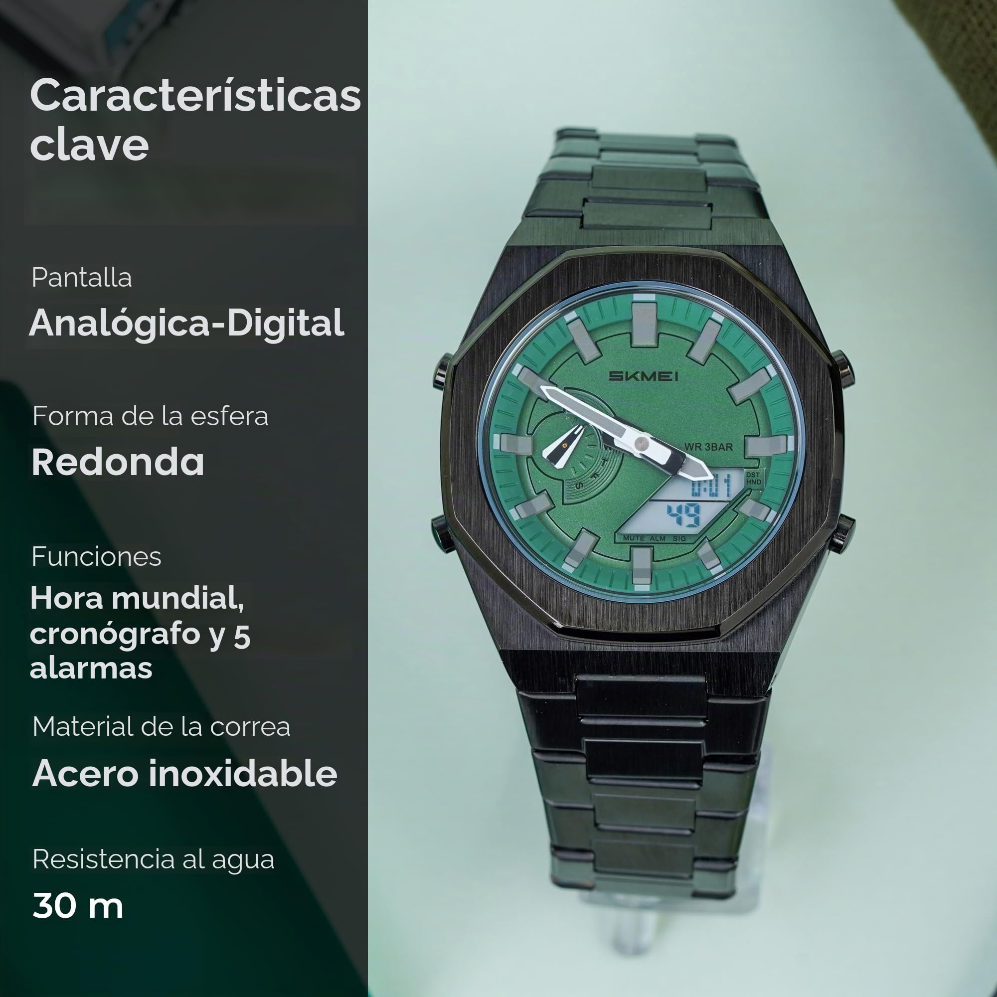 SKMEI Reloj electrónico de doble pantalla para hombre, luminoso, resistente al agua hasta 50 m, reloj deportivo multifuncional para hombre, 1816