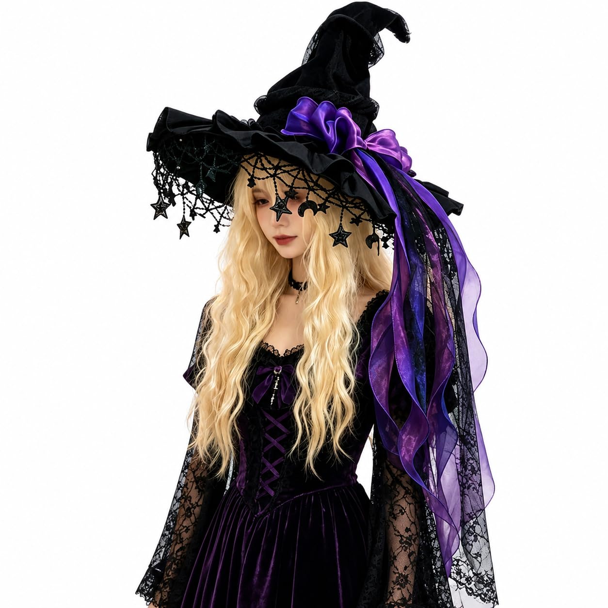 Gothic Pointed Witch Hat Star Moon Pendants Multi‑Layer Ribbons for Cosplay