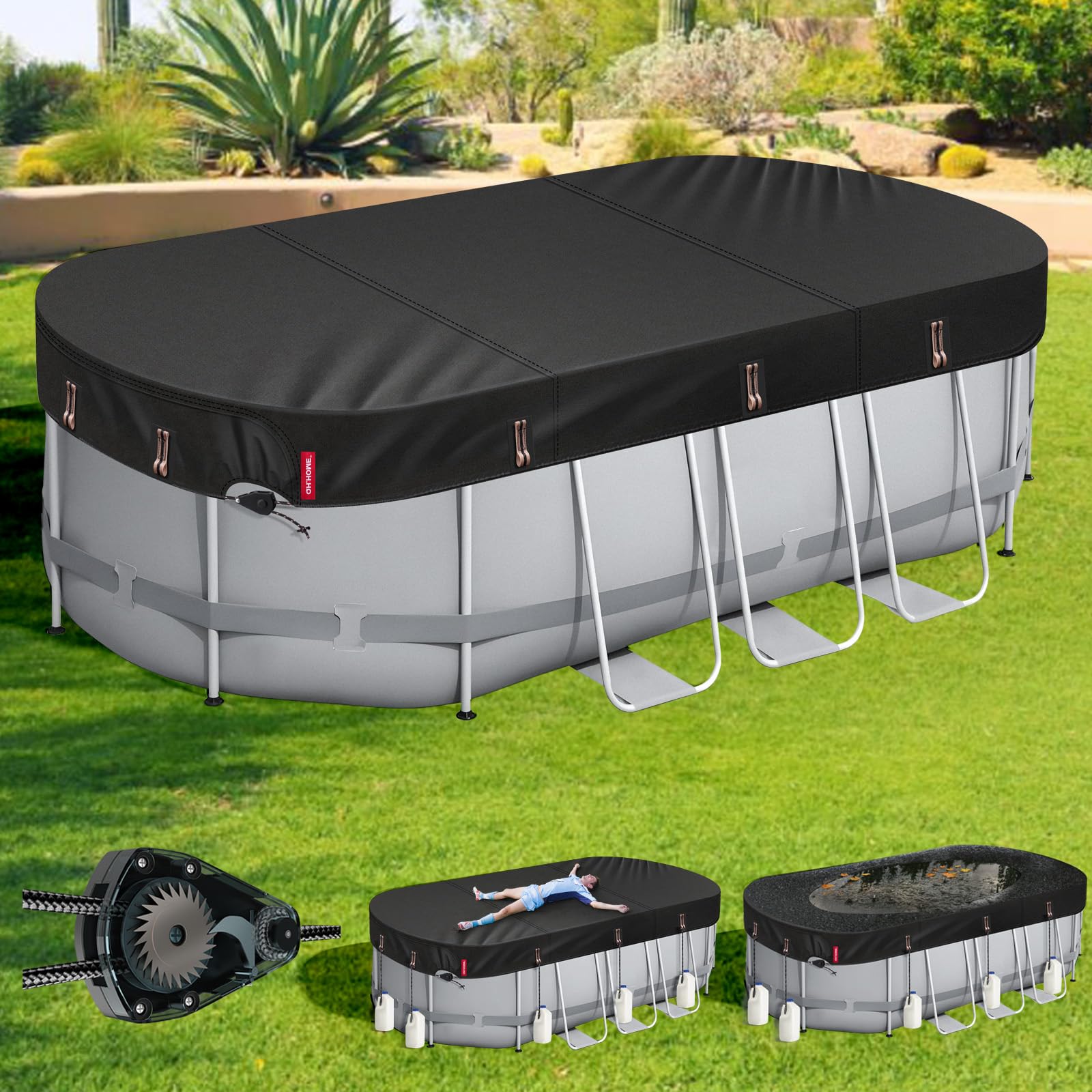 QH.HOME [2025 Upgraded Ultimate Windproof] 9x18 Ft Oval Pool Cover with Fast Tightening Patented Ratchet,Oval Pool Cover for Above Ground Pools [Durable, Tear Resistant] with Weight-Bearing Rings