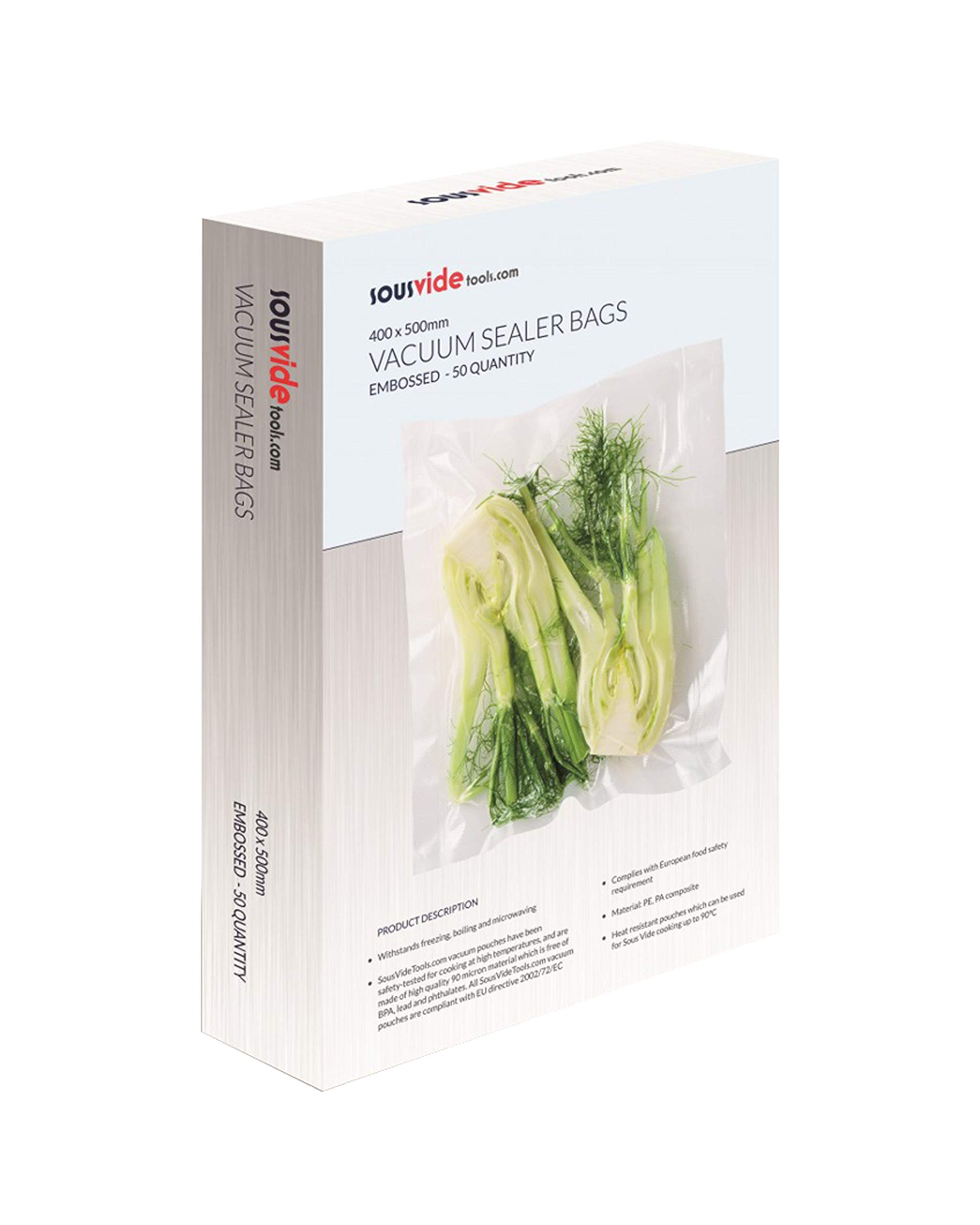 SousVideTools | Vacuum Sealer Bags | Pack of 50 | 40cm x 50cm | Embossed Food Storage | Sous Vide Cooking, Freezing & Microwaving | [SVT-06007]