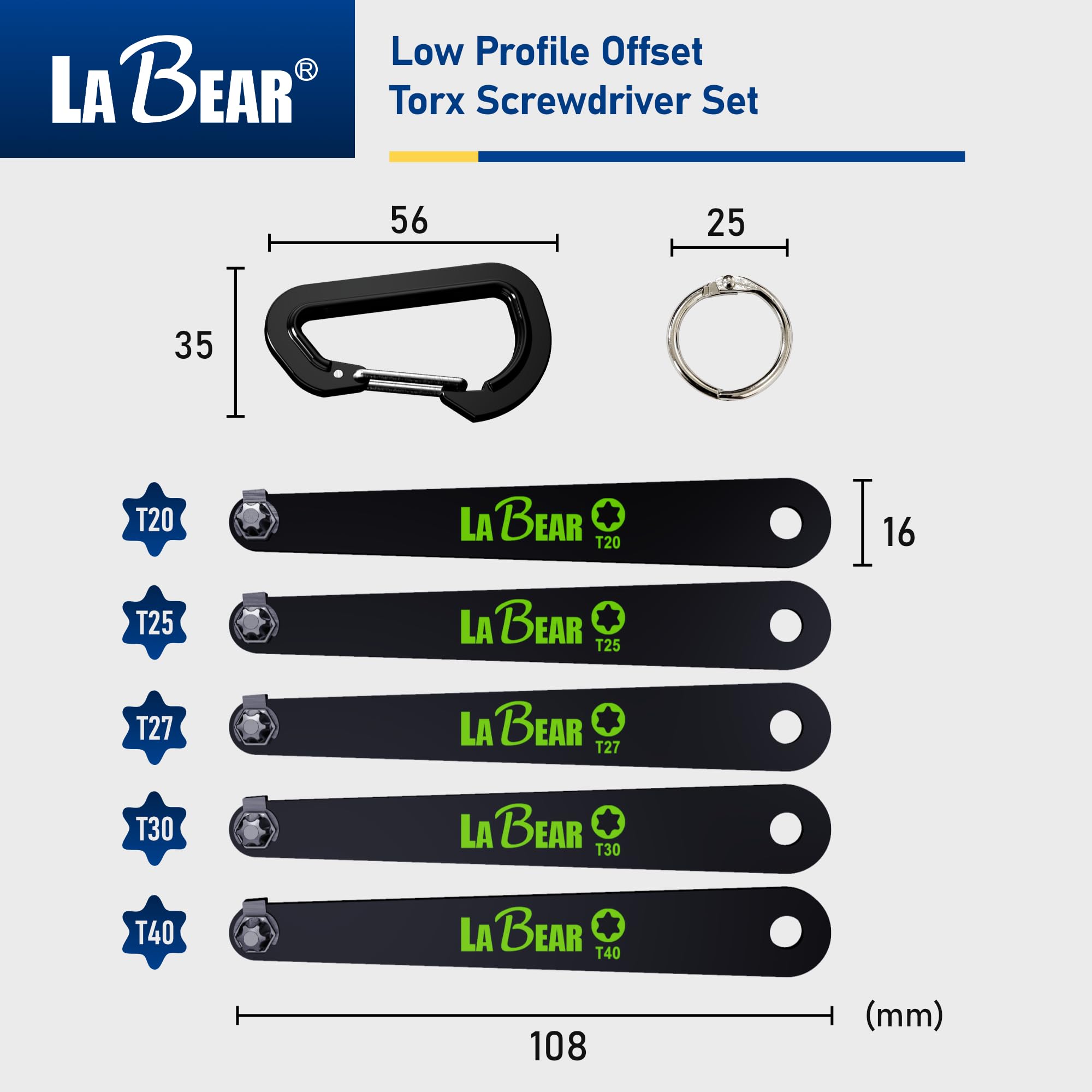 LABEAR TORX - Juego de destornilladores de desplazamiento de perfil ultra bajo, estrella, placa delgada recta de 90 grados para zonas estrechas, T20, T25, T27, T30 y T40