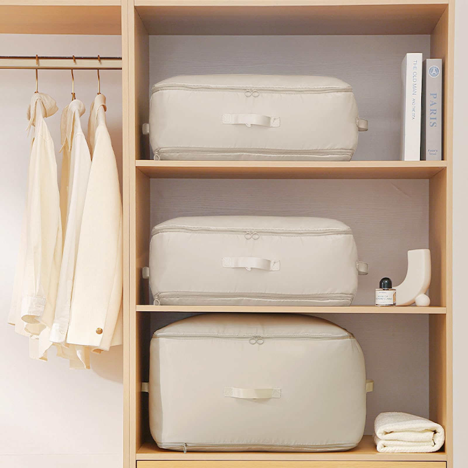Shackcom 4 organizer autocomprimibili ultra salvaspazio, grandi, per riporre piumini, vestiti, con 4 etichette, per biancheria da letto, vestiti, coperte, cuscini e piumini, L, beige