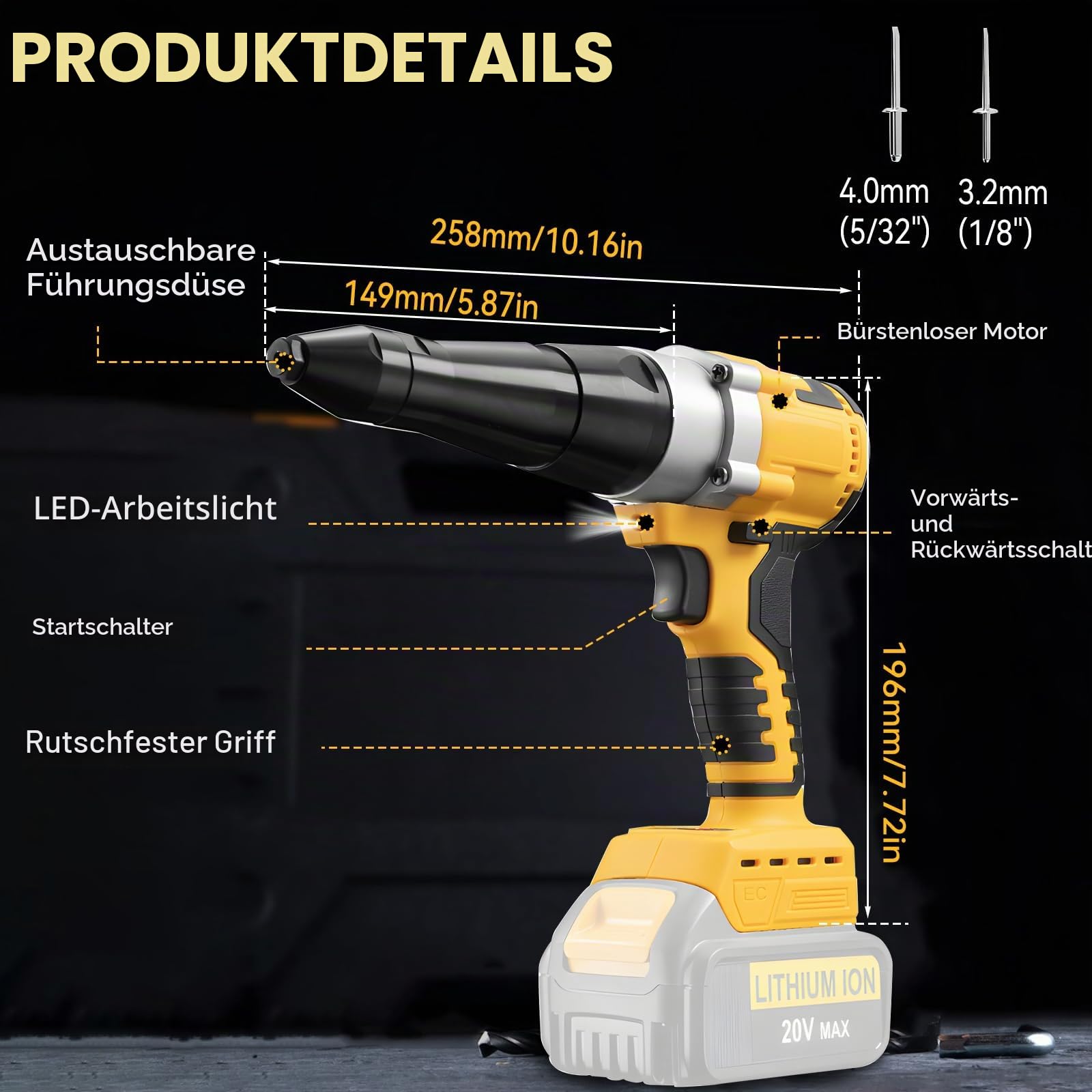 Akku-Nietpistole kompatibel mit Dewalt 18V Akku (keine Batterie), elektrische automatische Nietmutternpistolen mit 40 Nieten für 1/8 Zoll und 5/32 Zoll, bürstenloses Pop-Nietwerkzeug für Metall