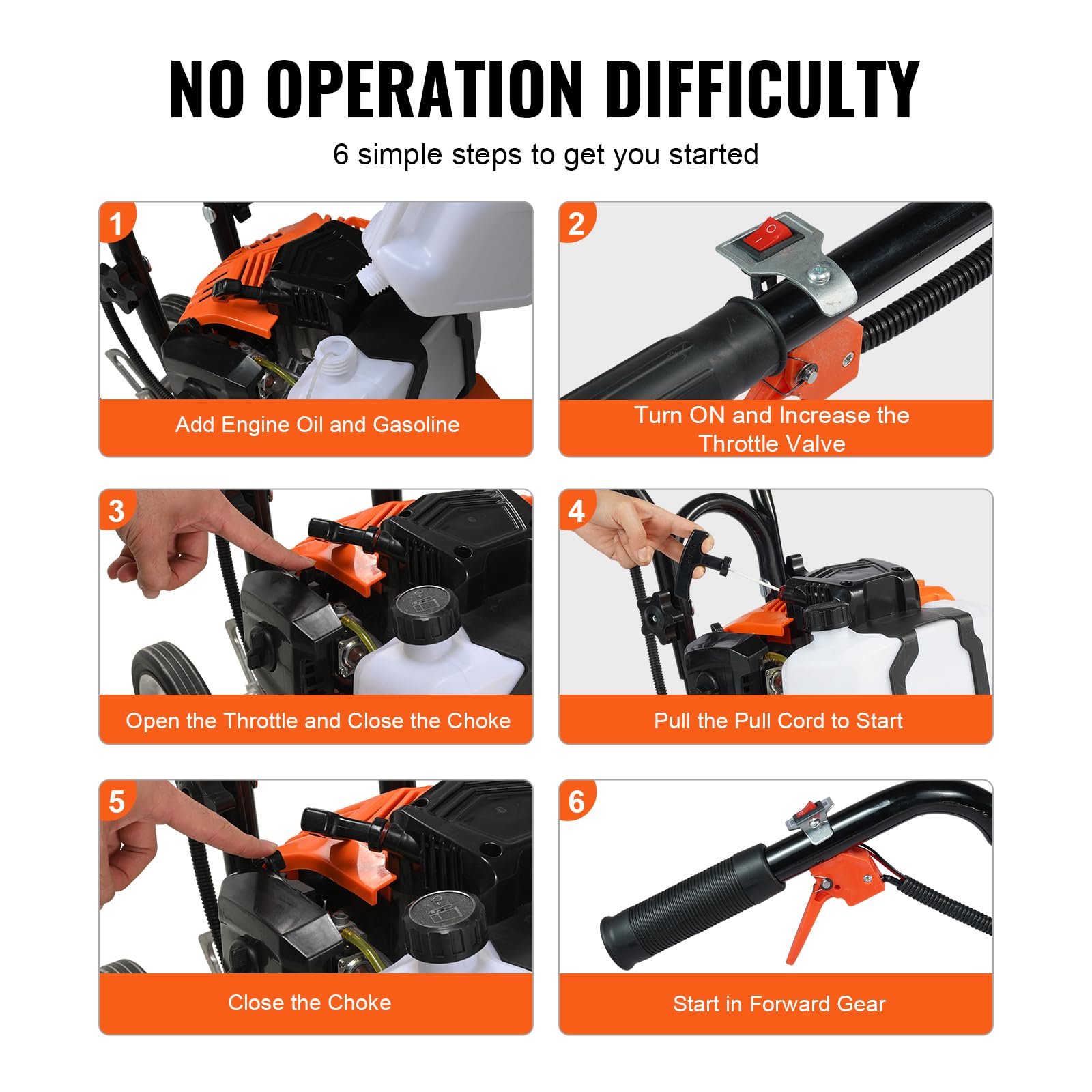 VEVOR Petrol Engine Heel 43cc 2-Stroke with 4 Adjustable Steel Front Teeth Large Wheels Easy Installation Bottom Cultivator for Vegetable Garden Flower Box Tillage Fields
