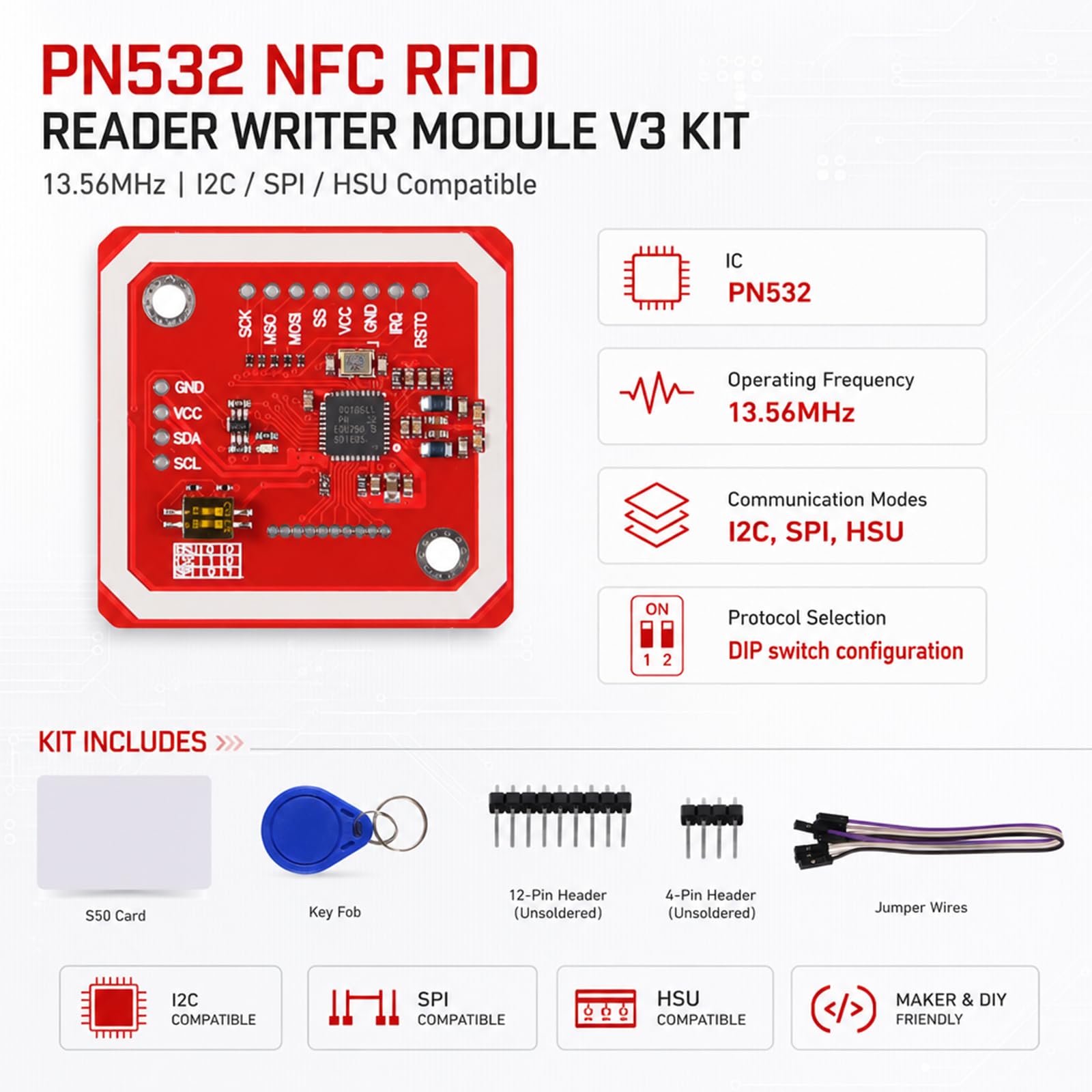 6 confezioni PN532 NFC NXP RFID Module V3 Kit, Near Field Communication Reader Module Kit con I2C SPI HSU, S50 White Card, Key Card, adatto per Arduino, Raspberry Pi, fai da te, smartphone e telefoni