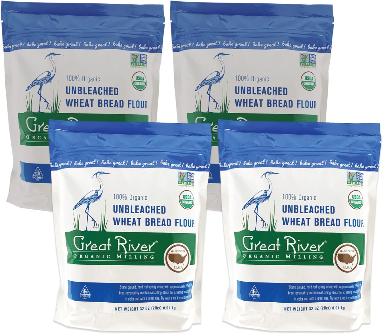 Great River Organic MillingBread Flour, Unbleached Wheat Flour, Stone-Ground, Organic 2 Pounds (Pack of 4)