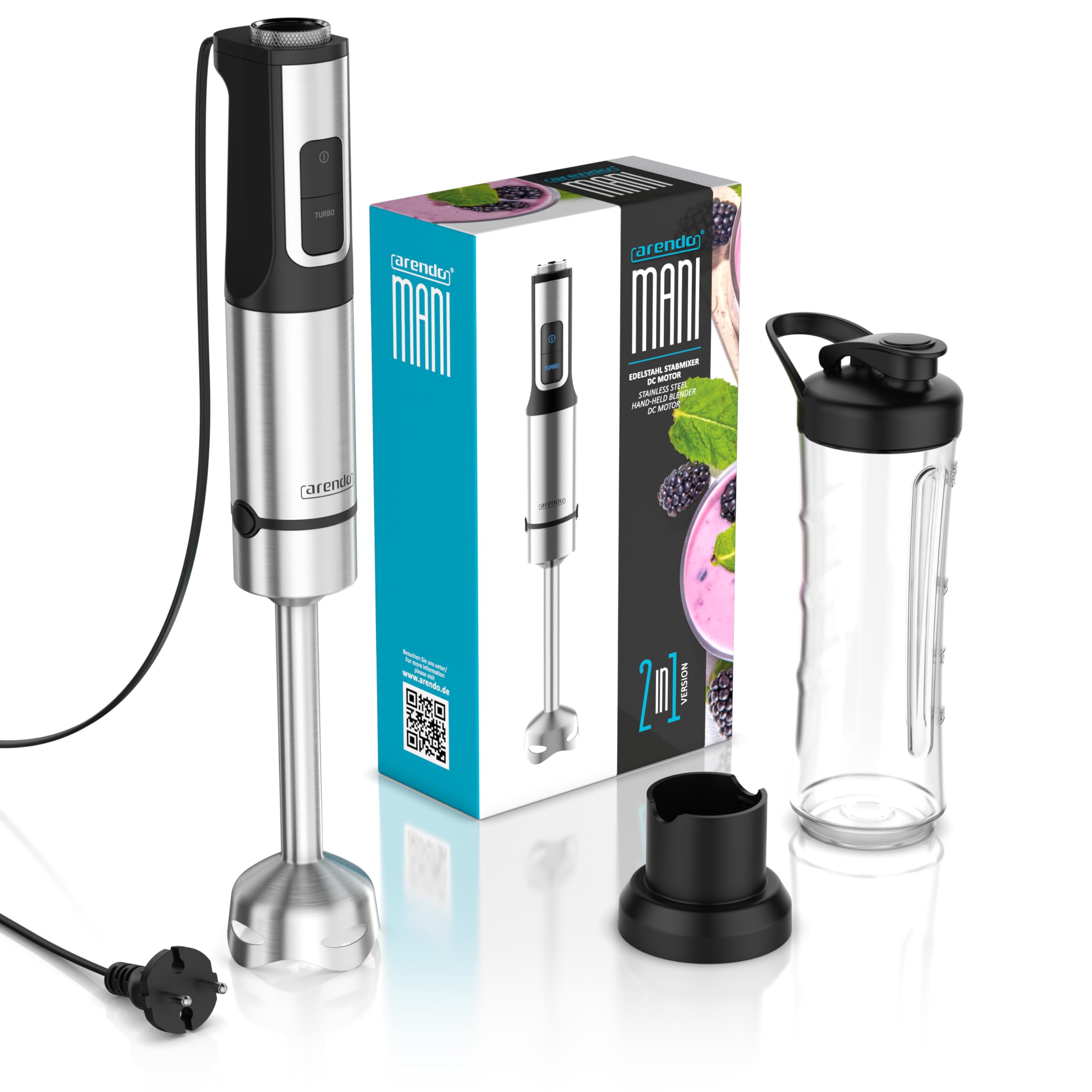 Arendo - Edelstahl Stabmixer 1500 Watt – Standmixer mit Trinkflasche Deckel und Messereinheit - Handmixer - Pürierstab - 12 Geschwindigkeitsstufen - Turbotaste – Smoothie Maker