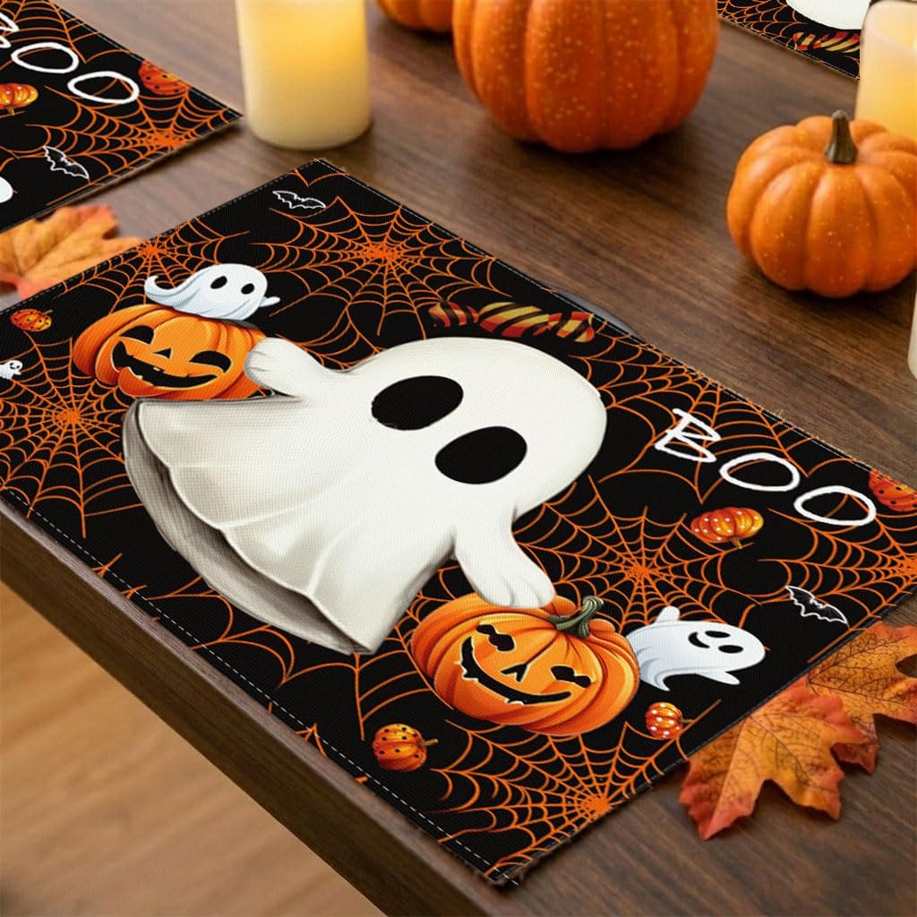 Halloween Placemats Ghost Pumpkin Decorations Spider Web 12"x18"Set of 4