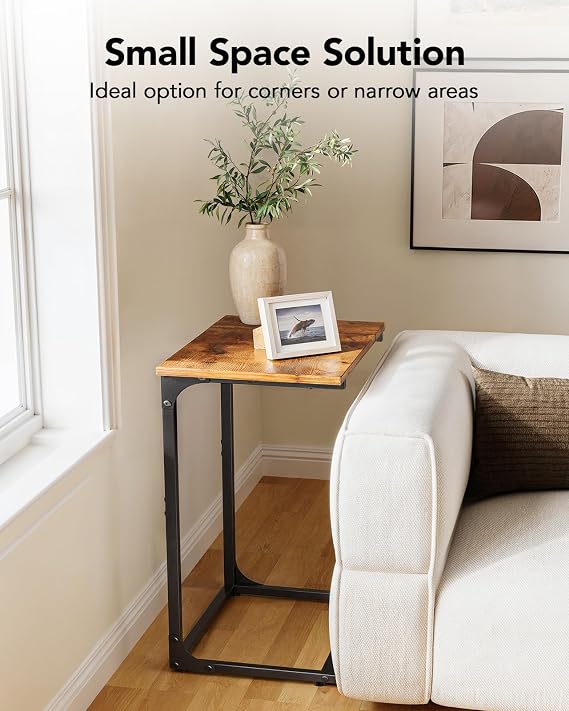 Pipishell C-Shaped Side Table, C Table for Sofa with Two-Piece Desktop & Metal Frame, Large Surface End Table for Living Room, Bedroom, Beside, and Home Office, Rustic Design