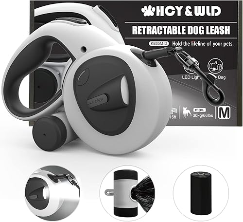 Miniatura 1 de HCY&WLD Correa retráctil 4 en 1 mejorada para perro con luz LED, dispensador y bolsas para excrementos, correa resistente de 16 pies para perros con