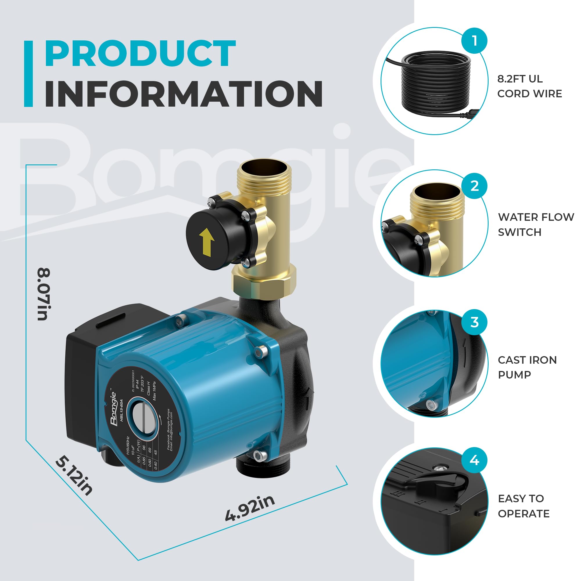 Amazon.com: BOMGIE 熱水循環泵3 速115V 96W 40LPM 鑄鐵循環泵即熱式熱水器附轉接器自動公螺紋黃銅水流量開關加熱地板系統(