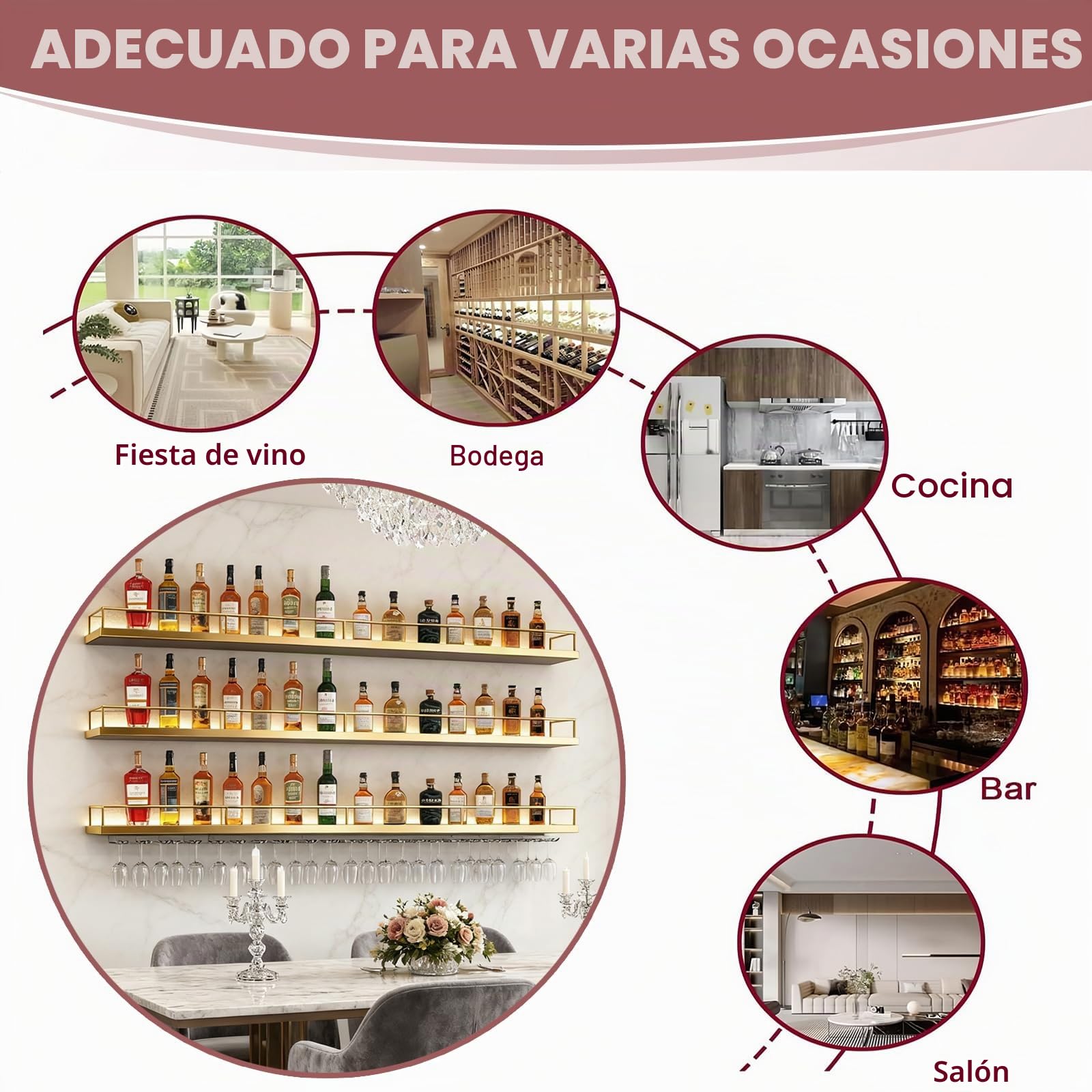 160CM Botellero de Pared Industrial Luz LED, 3 Niveles Moderno Botellero de Metal con portavasos de, Multifuncional Estante para Vino Apto para Cocina, Bar, Cafetería y decoración (Negro)