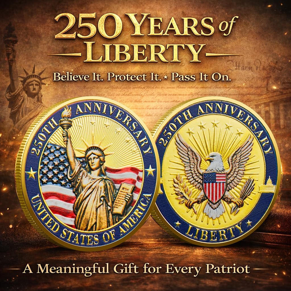 USA 250th Anniversary Commemorative Coin Set (1776-2026), 250 Year America Birthday Patriotic Collectible with Wooden Gift Box, Semiquincentennial Gift for Veterans, Collectors & History Buffs
