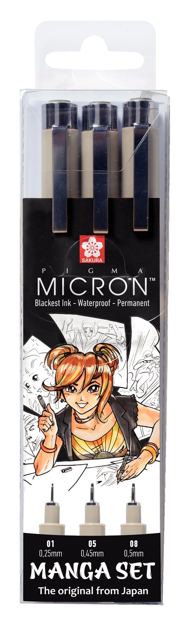 SAKURA Manga - Pigma Micron Fineliner Set - 3 Sizes Black - Ideal for Technical & Artistic Drawings - Professional Manga Tool with 01, 05, 08 Pens