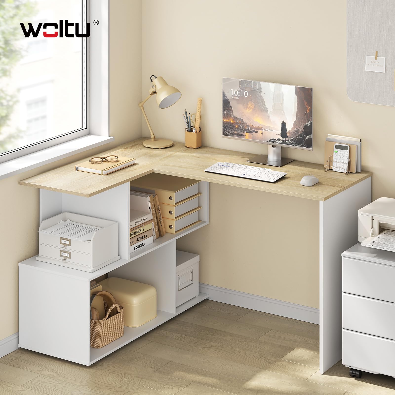 WOLTU Scrivania Angolare, 120x100 cm Scrivania a Forma di L con Libreria, Bianco+Rovere Chiaro, Scrivania Ufficio per Computer, Tavolo da Lavoro, Studio and Soggiorno