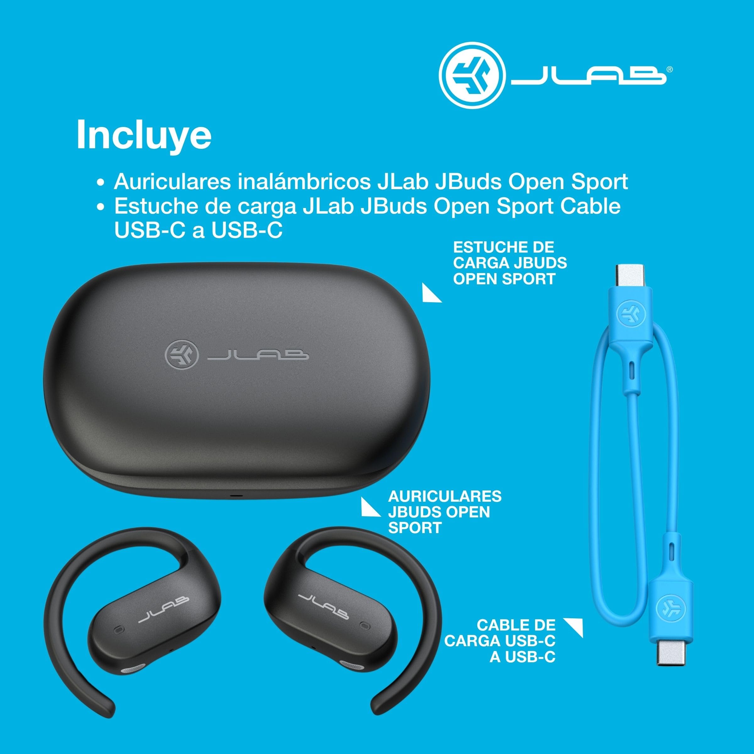 JLab JBuds Open Sport Auriculares Deportivos Inalámbricos - IP55, Negro | Auriculares Open Ear con Ganchos para las Orejas, 26 Horas de Autonomía, Resistencia al Sudor IP55