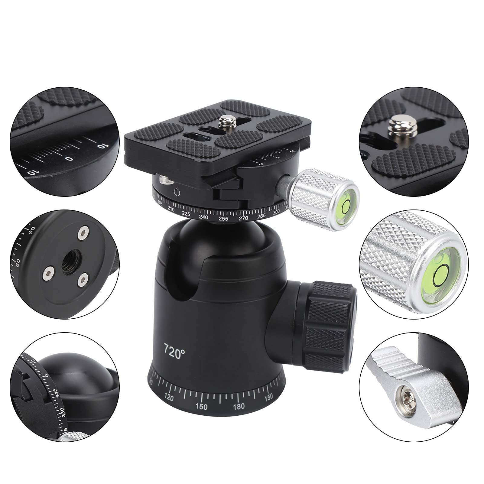 Testa a sfera per treppiede per fotocamera reflex panoramica a 720°, testa a sfera professionale in lega di alluminio con piastra a sgancio rapido, testa a sfera video girevole a