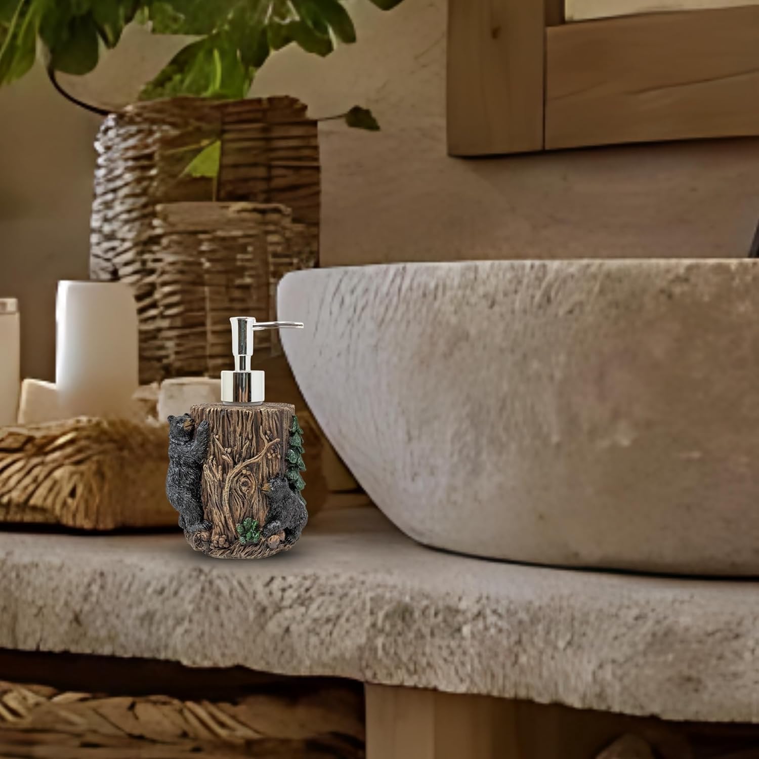Woodland Bears Around The Tree Pump Bottle – Resin Bear-Themed Decorative Liquid Hand Soap Dispenser– Cabin and Lodge Rustic Bath Acessories Home Décor