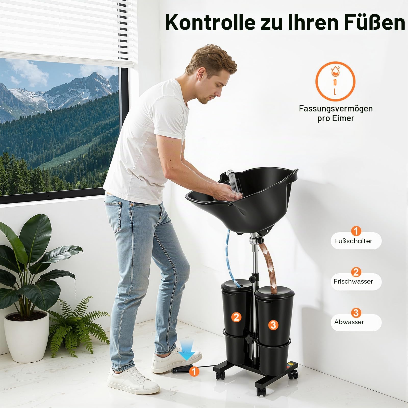 Friseur Waschbecken Mobiles Doppelte Eimer Waschbecken 1,05-1,4 m Höhenverstellbar Rückwärtswaschbecken Freistehend Shampoo Becken mit 2 x 10L Eimer und 4 Räder Haarwaschbecken