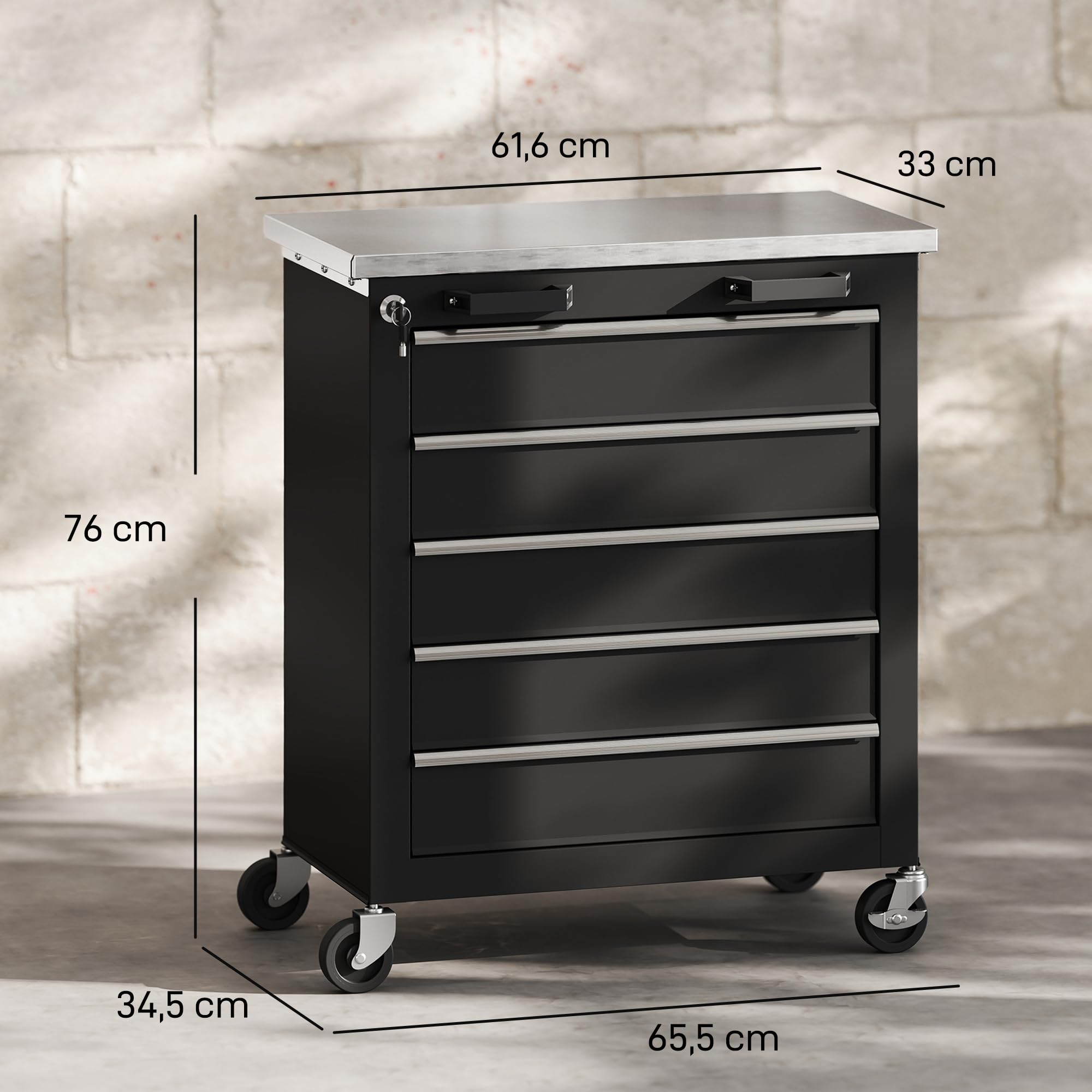 HOMCOM Carro de Herramientas con 5 Cajones y Cerradura, Carro de Taller con Ruedas con Freno, Encimera de Acero Inoxidable, Caja de Herramientas con Conectores Laterales para Garaje, Negro y Plata