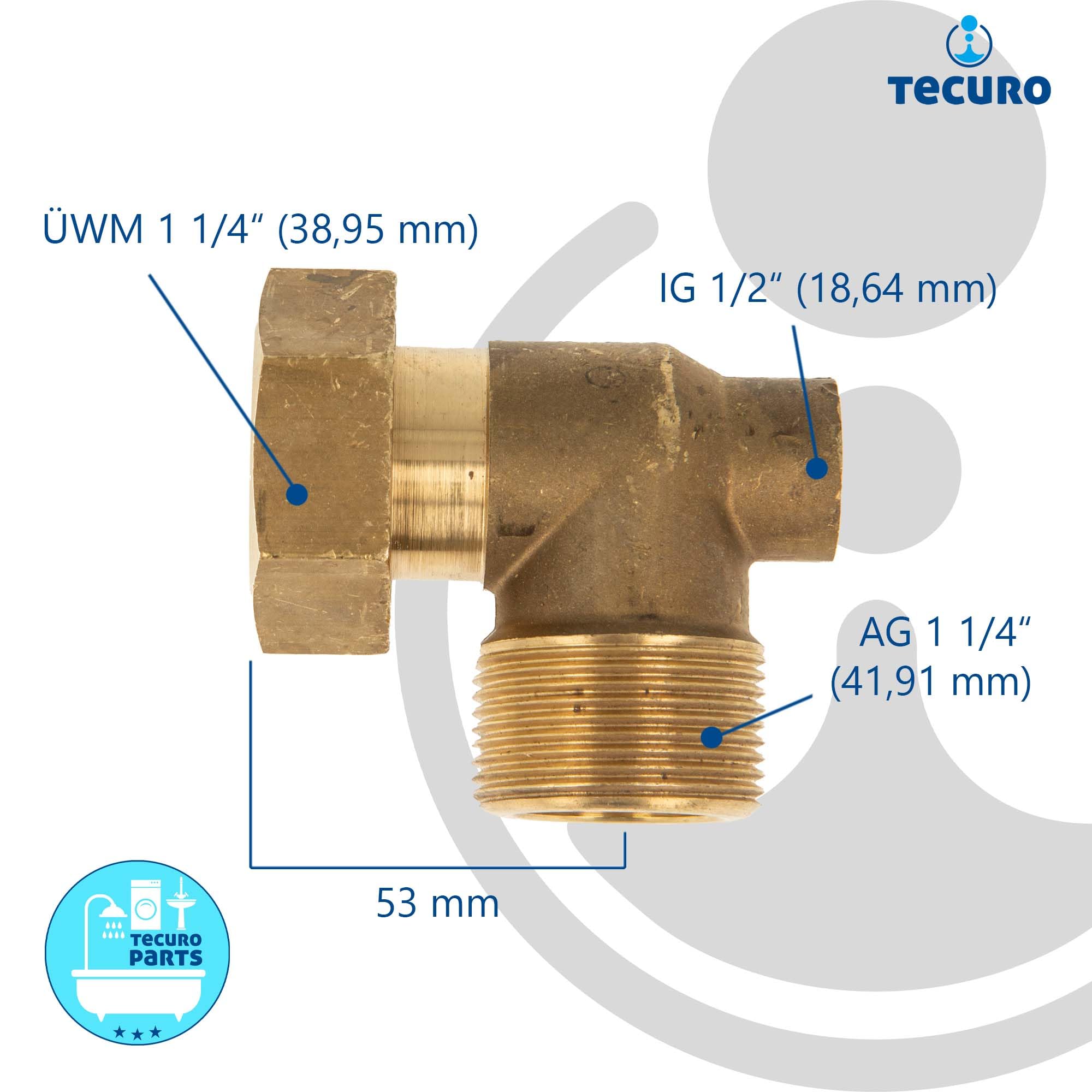tecuro Eckverschraubung Überwurfmutter 1 1/4 Zoll (flachdichtend) x 1 1/4 Zoll AG x 1/2 Zoll IG, reduziert - Messing-blank CW617N
