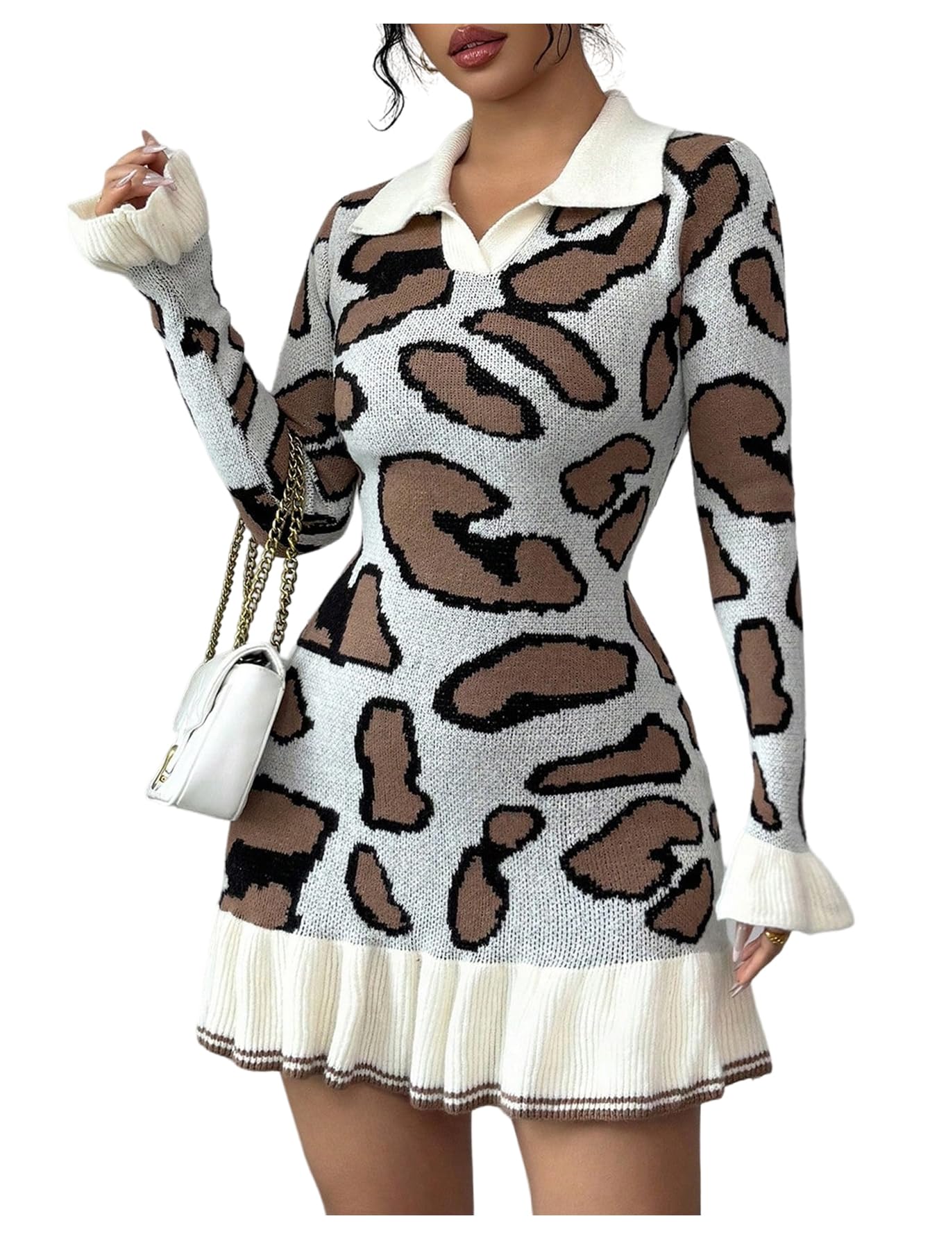 RoseSeek Women's Leopard Print Sweater Dress Cheetah Ruffle Hem Mini Dress