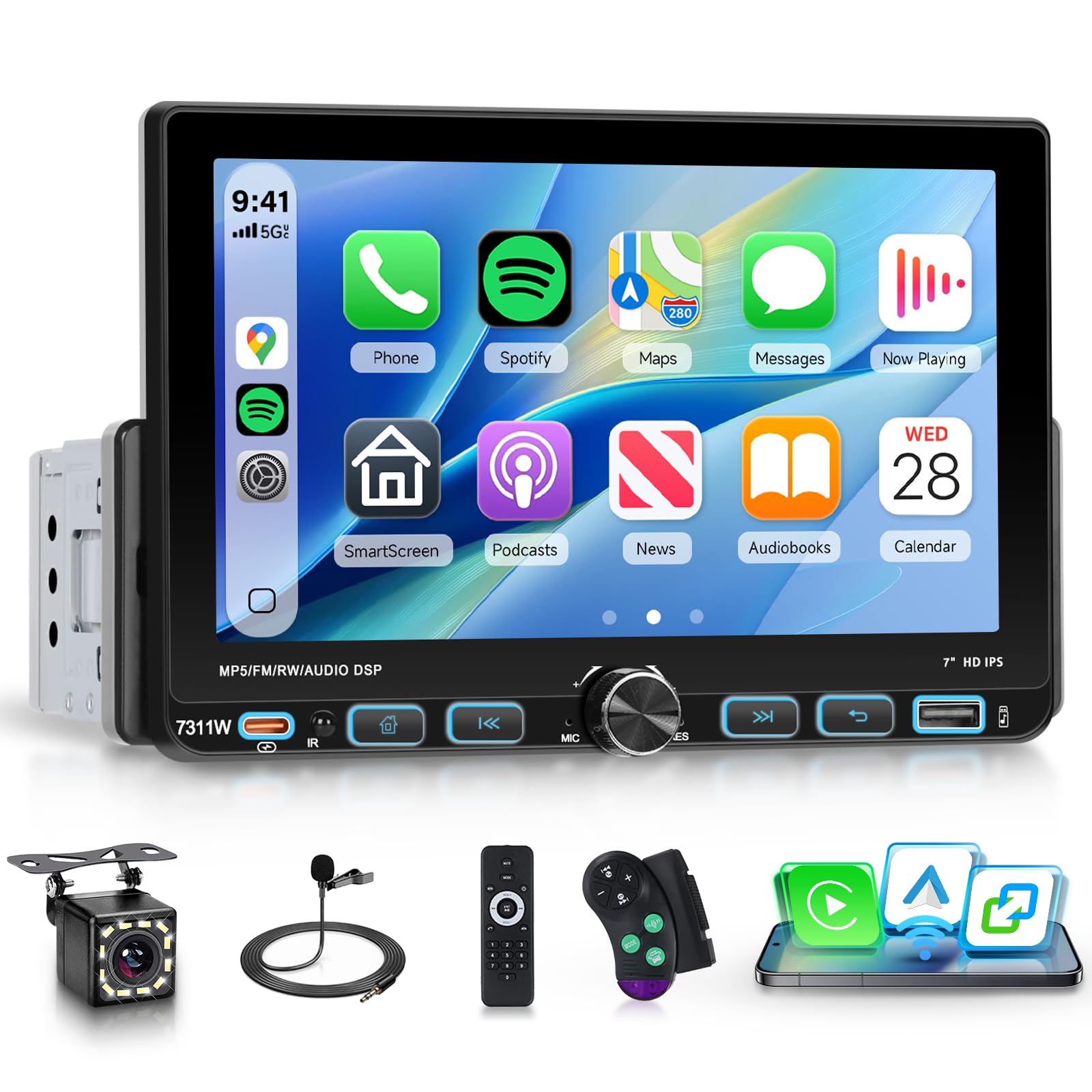 Hodozzy Radio Coche 1 DIN con CarPlay Android Auto Inalámbrico, Pantalla Táctil IPS 7 Pulgadas Estereo Coche con Bluetooth, Radio Am/FM/RDS, EQ, Mirror Link, Control en Volante, USB/Tipo C+ Cámara