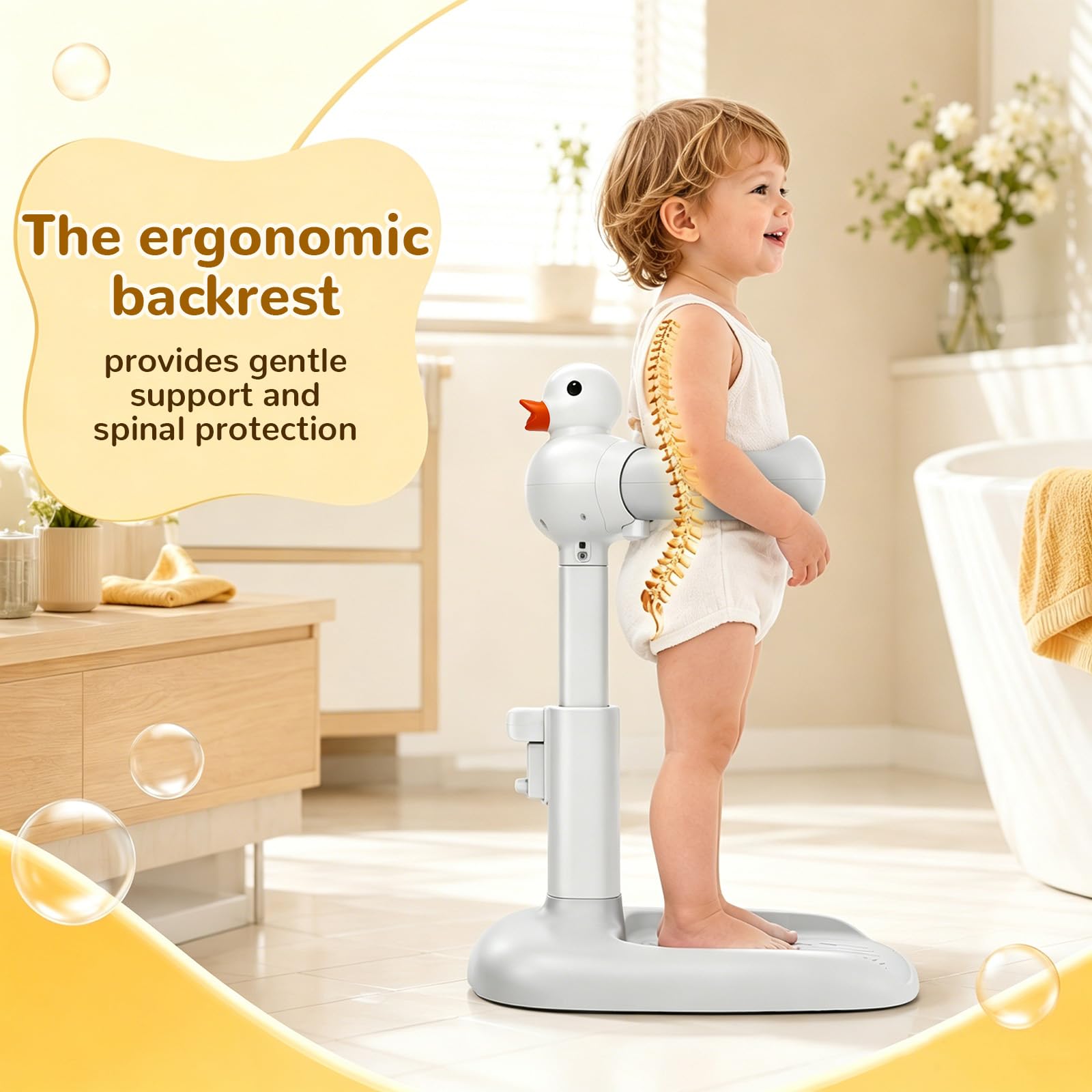 Supporto Doccia Bambini in Piedi con Bracciolo Semiautomatico, Altezza Regolabile 45-63 Cm, Sedile Doccia Antiscivolo, Schienale Ergonomico, Base Stabile, Include Papera Squittente (Grigio-Bianco)