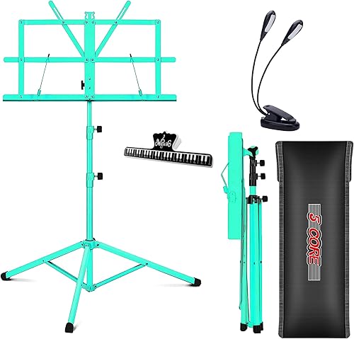 5 Core MUS FLD GR - Soporte de música, 2 en 1 de doble uso, ajustable, plegable, soporte para hojas y bolsa de transporte, clip de música y luz de