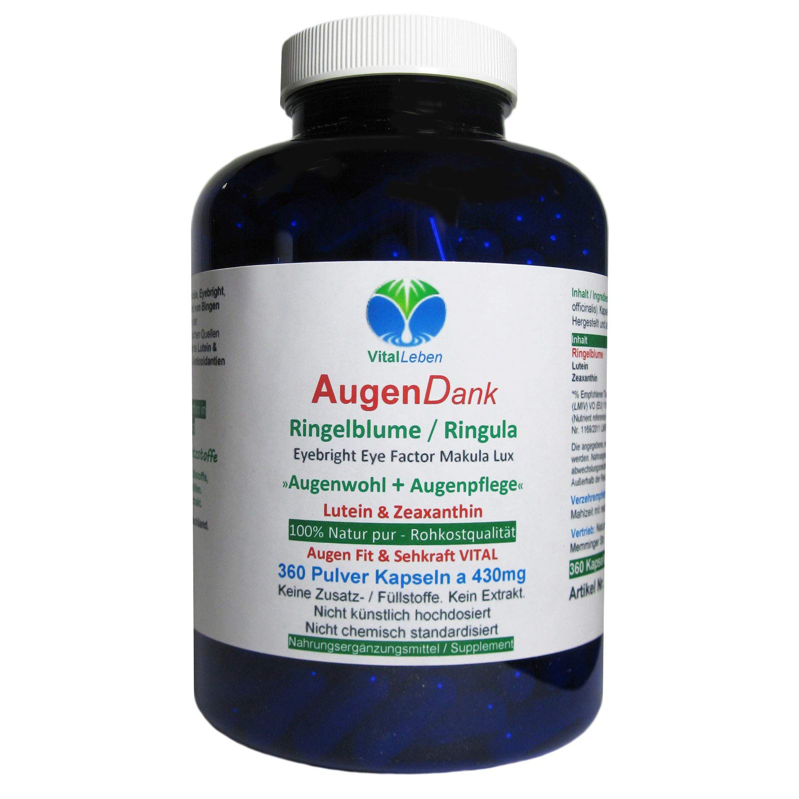 RINGELBLUME AUGEN Vitamine Lutein & Zeaxanthin Sehkraft VITAL COMPLEX + Netzhaut Maculapigmente - 1080 (3x360) Kapseln - Natur pur - OHNE ZUSATZSTOFFE. 26970-7