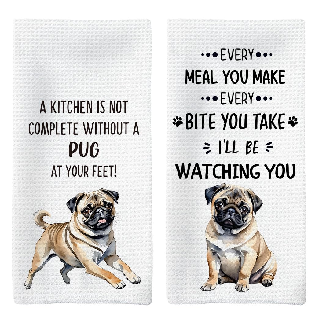 Tzhim Pug Gifts Kitchen Towels Set of 2, Pug Gifts for Pug Lovers Women, Pug Mom Gifts, Pug Decor Hand Towels, Pug Dog Dish Towels Tea Towels for Kitchen, Dog Kitchen Bathroom Decor, 16x24inch