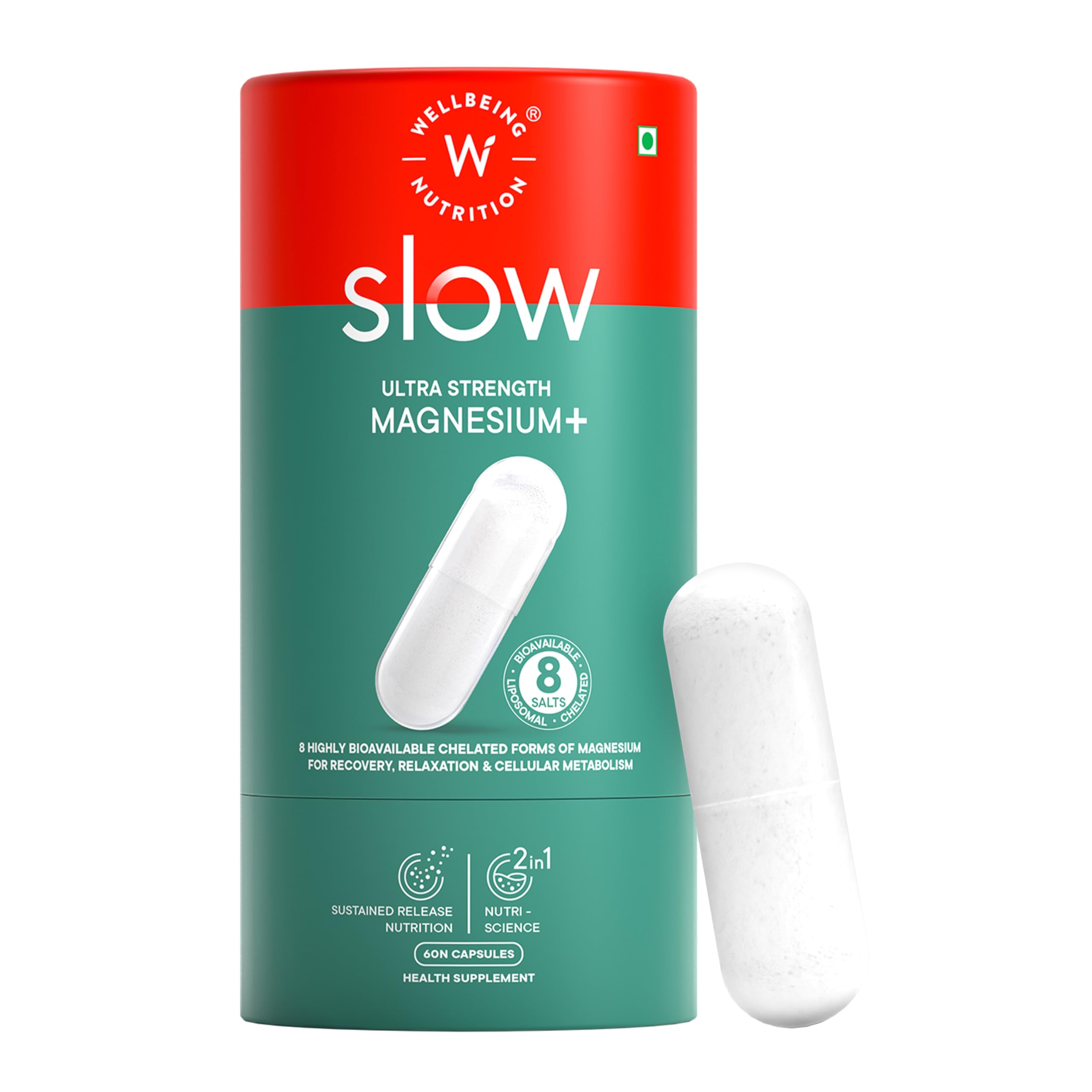 Wellbeing Nutrition Slow Ultra Strength Magnesium+ | 8 Chelated Liposomal Magnesium Bisglycinate, Citrate, Threonate, Aspartate, Malate For Sleep, Stress, Energy, Bone & Gut Health | 60 Capsules