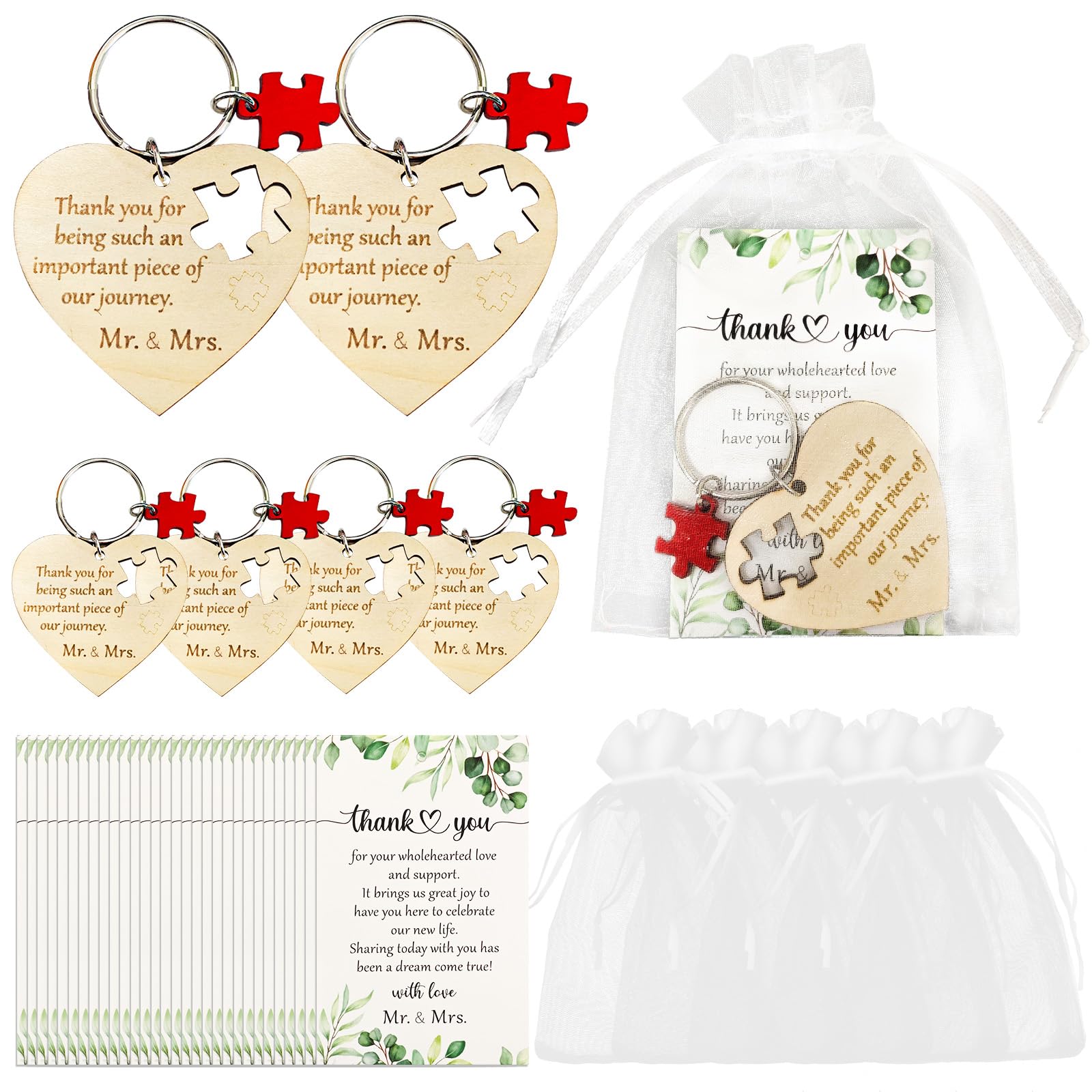 OurWarm Hochzeitsgeschenke für Gäste, 100 Stück, Holz-Herz-Puzzle-Schlüsselanhänger, Hochzeits-Souvenirs, Geschenke mit Dankeskarten und Organza-Beuteln, Brautparty, Gastgeschenke für Gäste