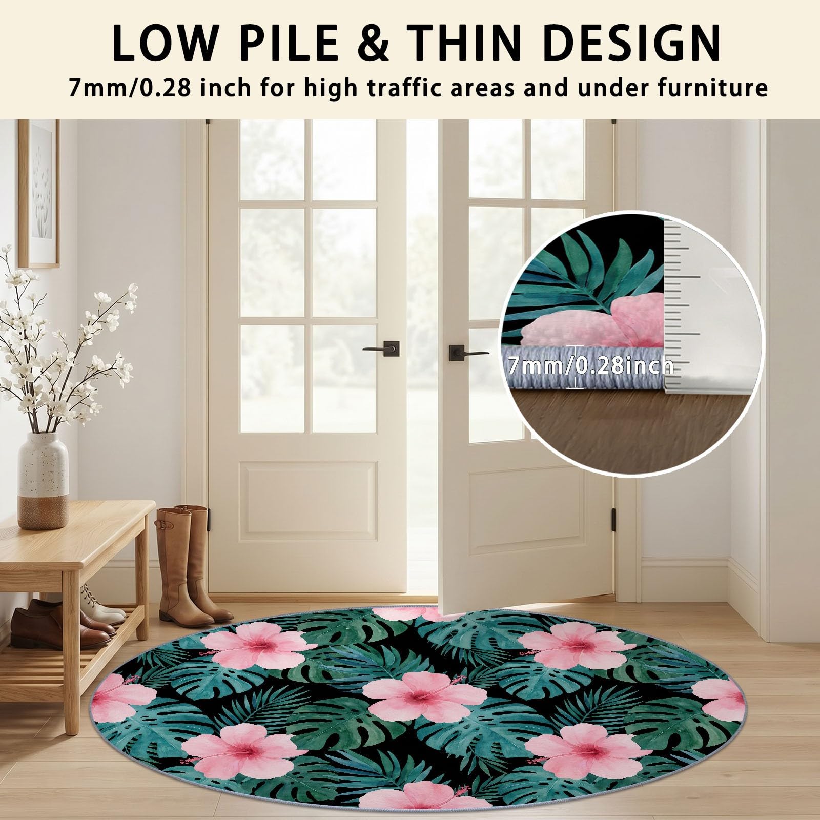 Générique Tapis Rond Vert Foncé 120 cm Antidérapant, Hibiscus Floral Tropical Feuille Tapis de Salon Rond à Poils Courts Lavable en Machine, pour Chambre Cuisine et Chambre d'enfant