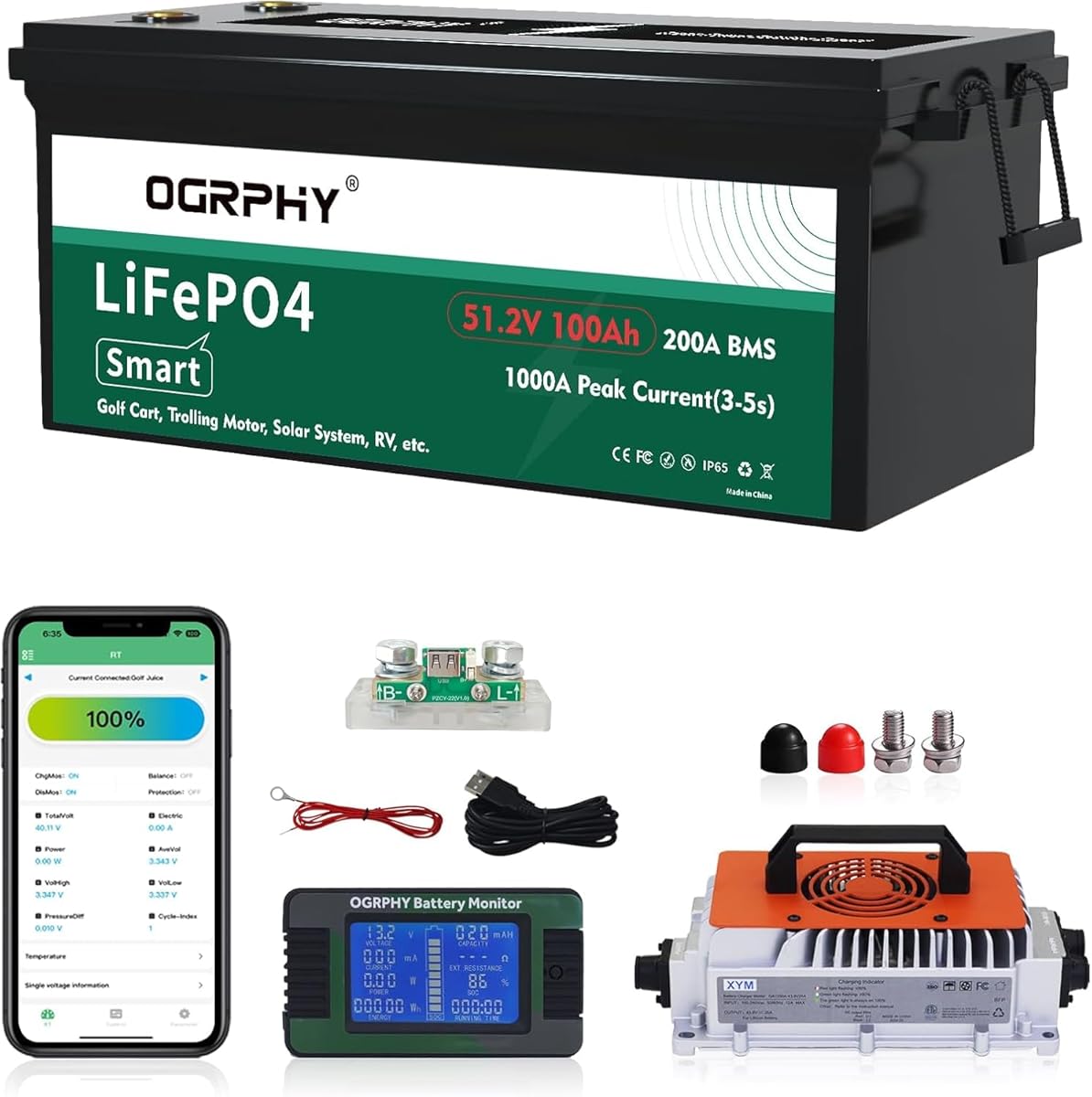 OGRPHY 48 Volt Lithium Battery for Golf Cart with 18A Charger, 48V Lithium Battery with 200A BMS, LCD &amp; Mobile Monitor, 5.12kWh with 10.24kW Output, 1000A Peak Current for Golf Cart(100AH)
