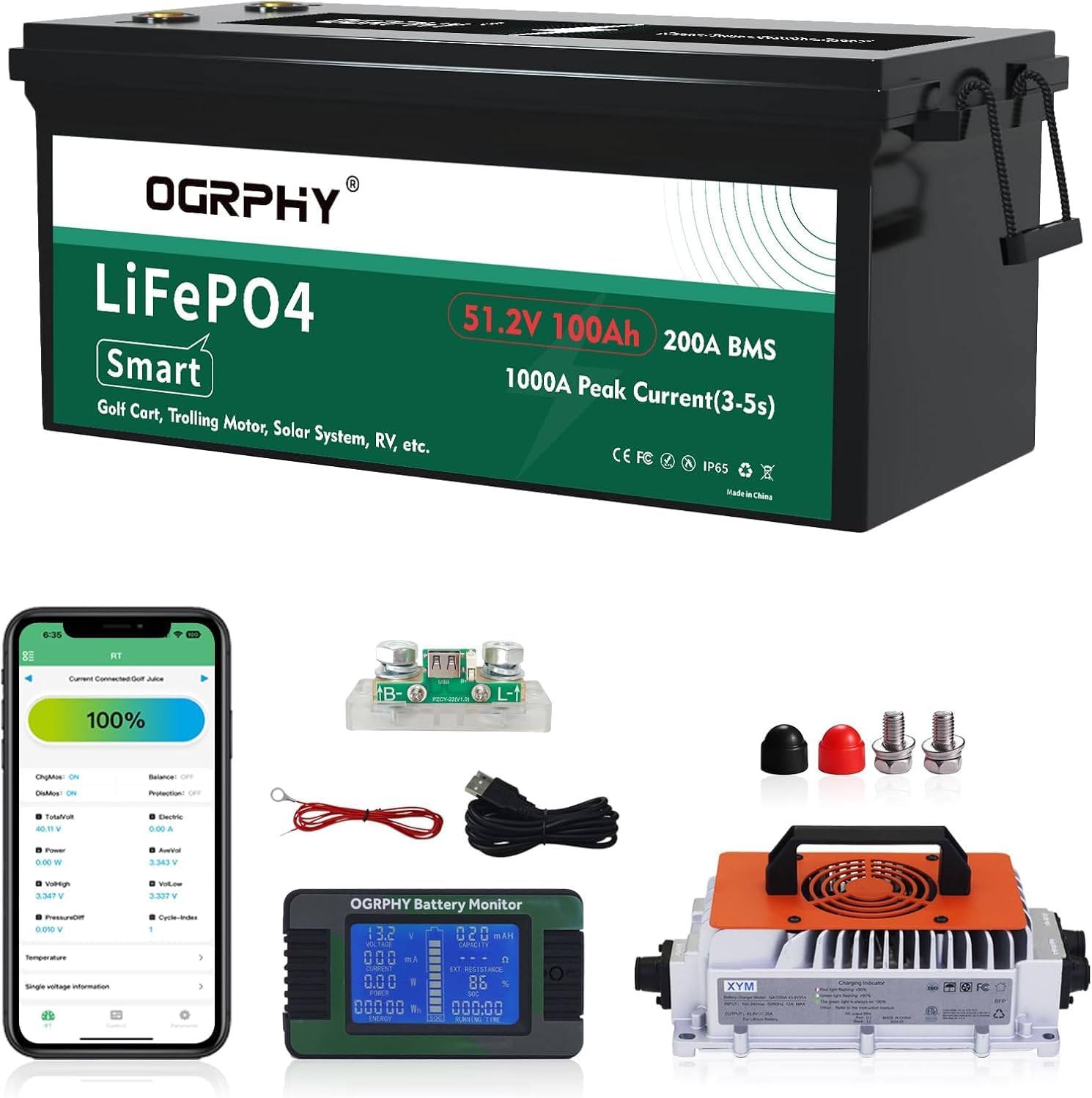 OGRPHY 48 Volt Lithium Battery for Golf Cart with 18A Charger, 48V Lithium Battery with 200A BMS, LCD &amp; Mobile Monitor, 5.12kWh with 10.24kW Output, 1000A Peak Current for Golf Cart(100AH)