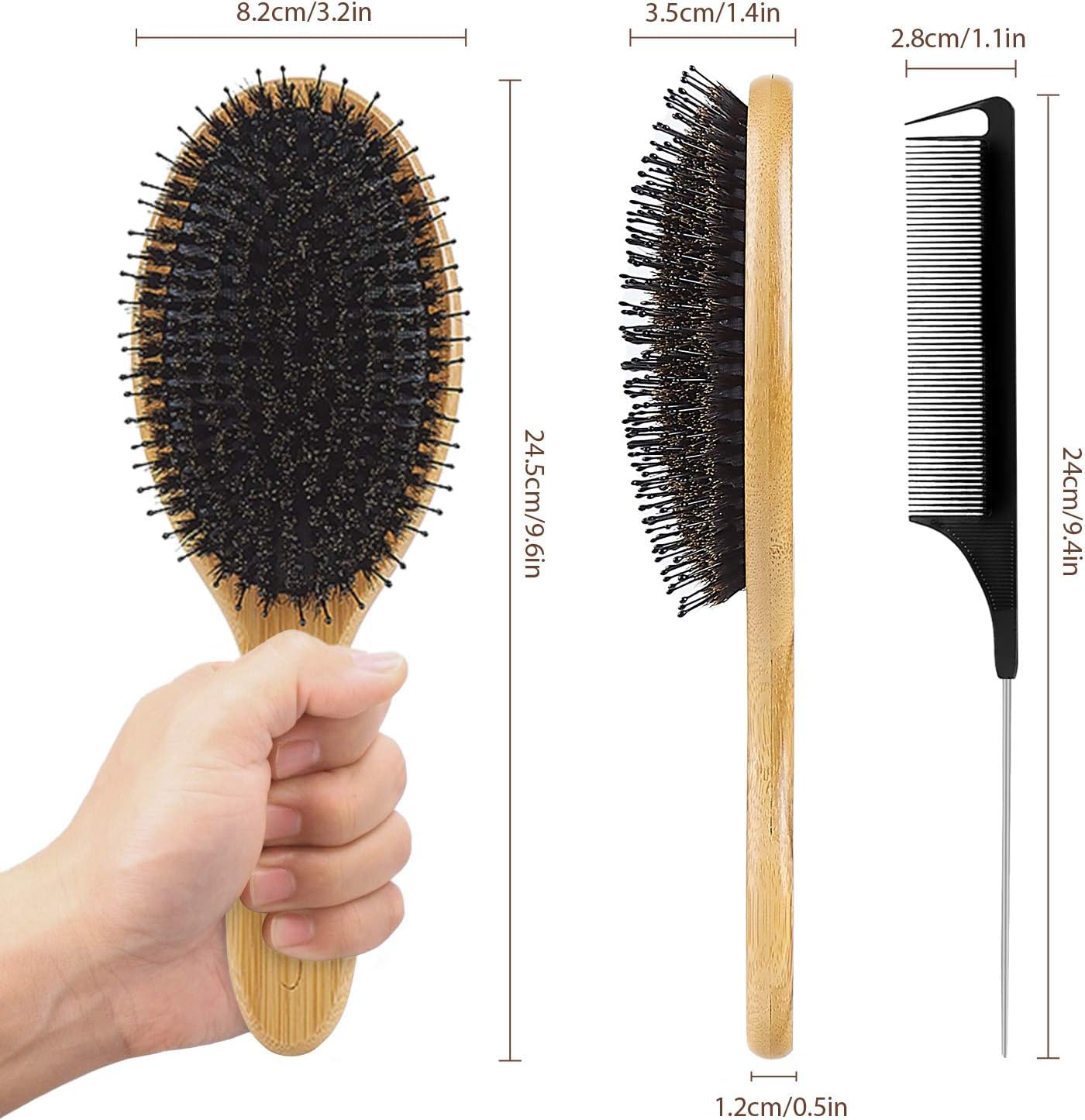 Vista Spazzola Setole Cinghiale Naturale con Manico in Bambù Spazzola per Capelli Professionale e Pettine Capelli a Coda di Metallo per Capelli di Spessore Normale o Medio